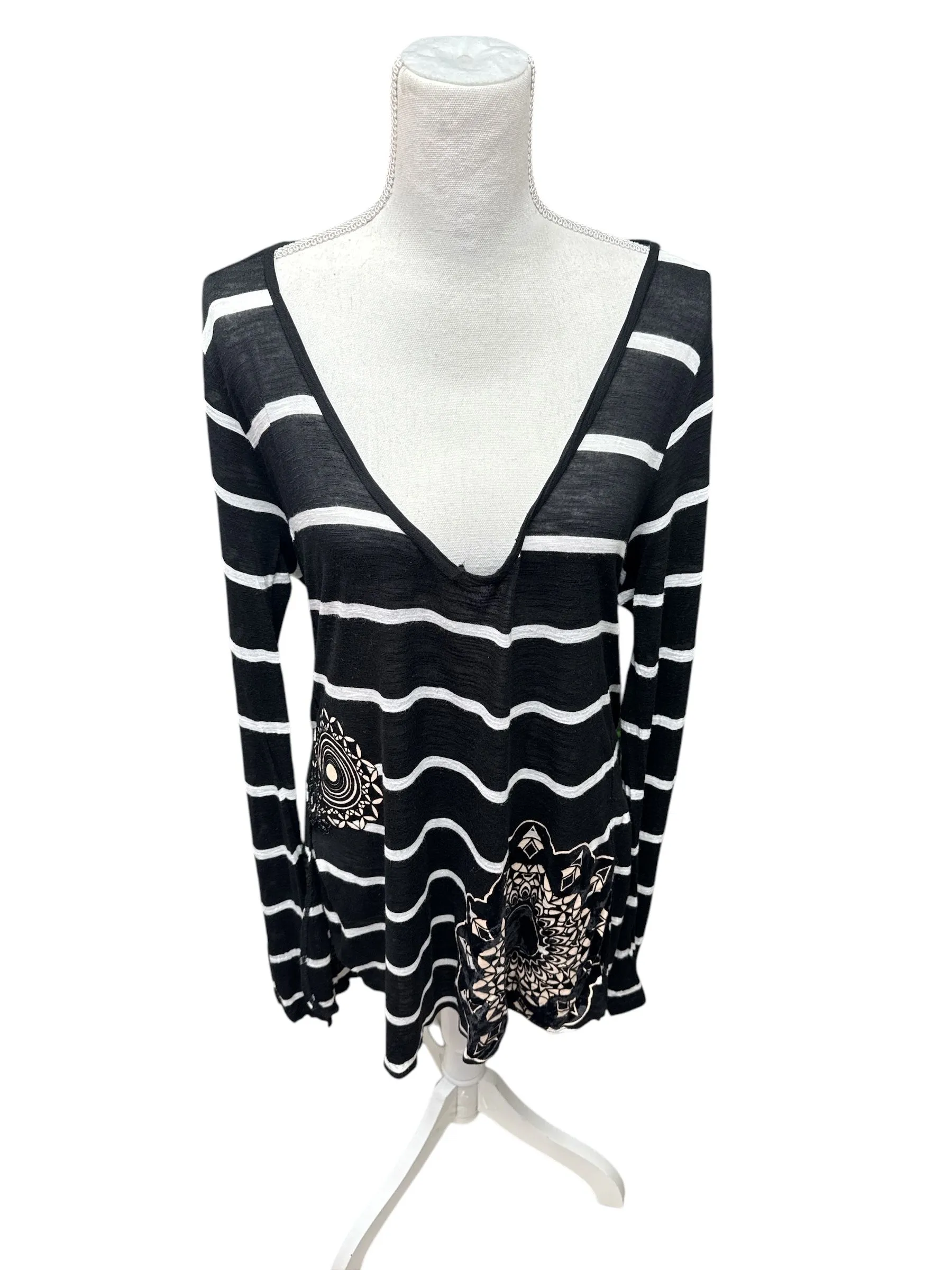 Product image for 11. Desigual Tunic Top Women Black White Stripe Low Cut Flocked Velvet Appliqué