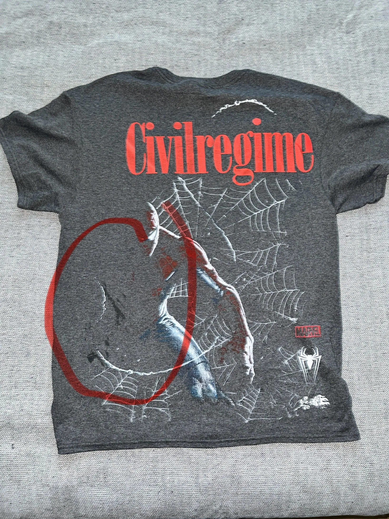 Product image for New Civil Regime x Spider-Man Tshirt. Size Large (some paint marks)