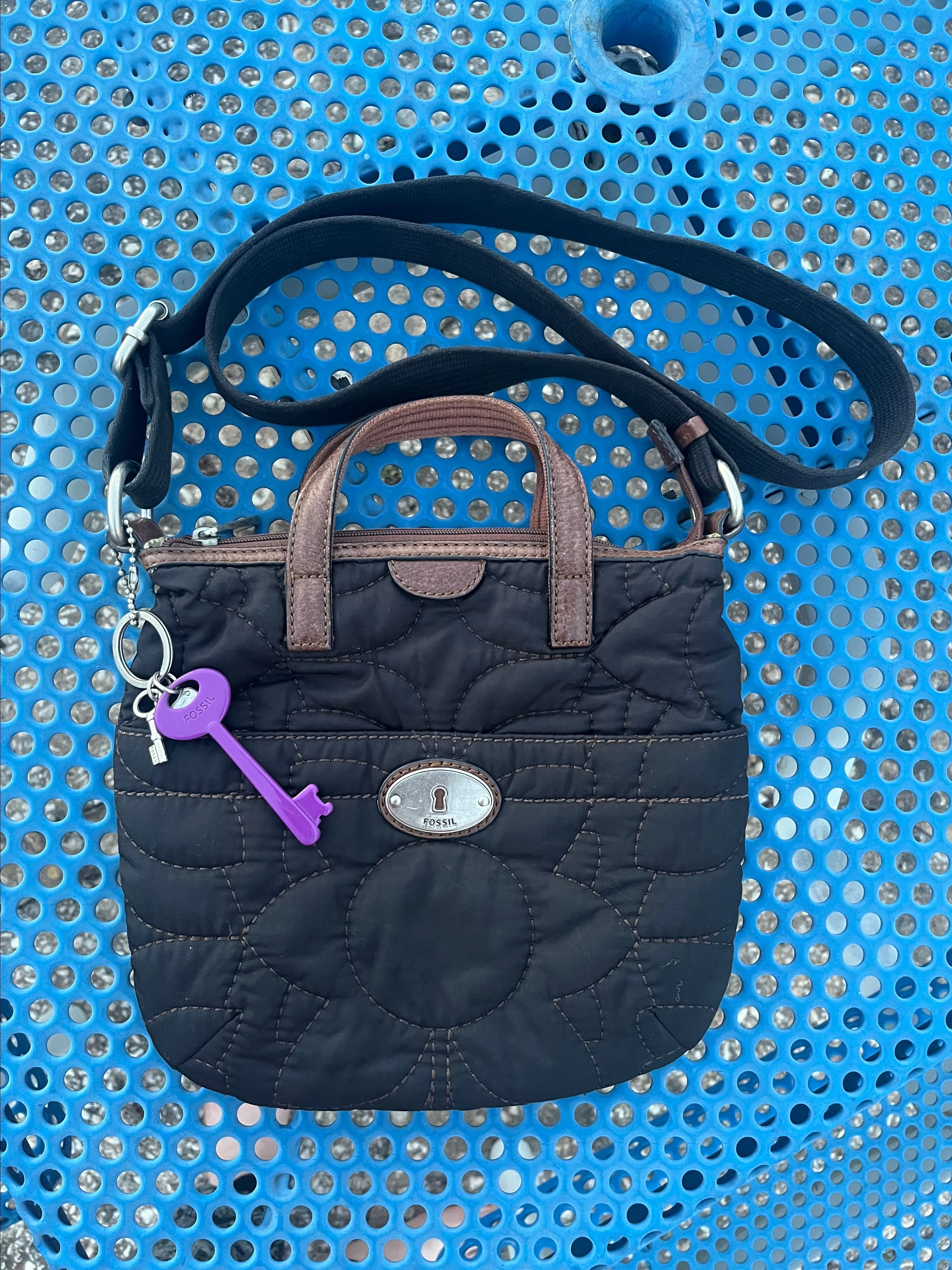 Product image for FOSSIL Key Per Black Quilted Shoulder Bag Brown Trim Crossbody Purse WITH KEY