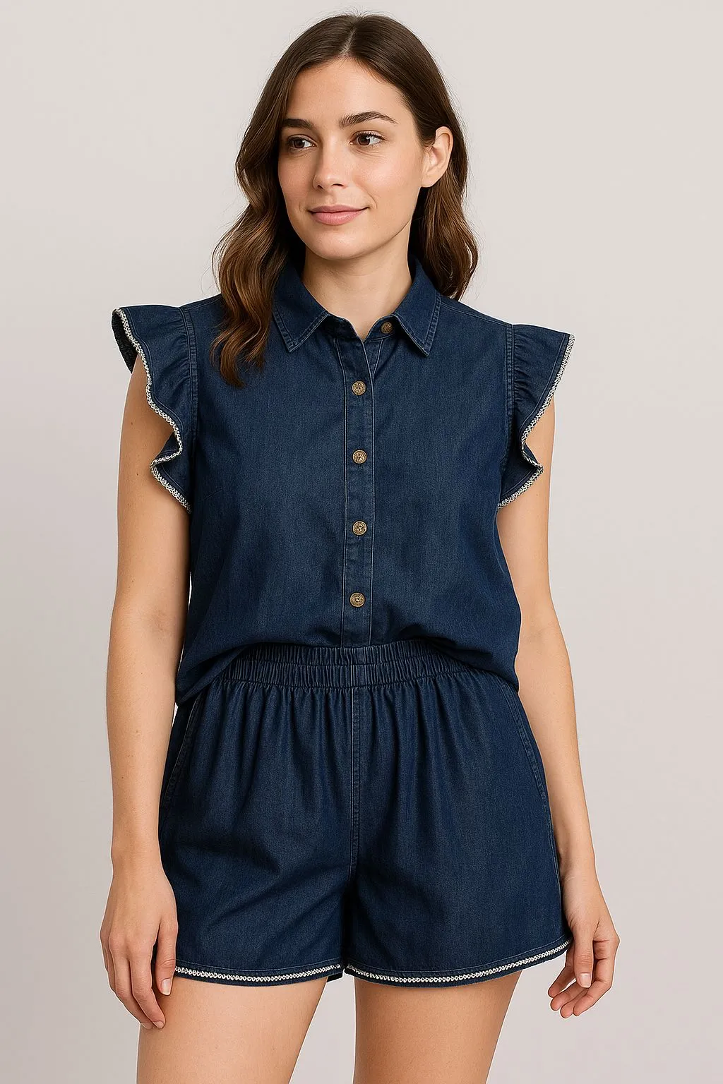 Product image for 88. Pearl embellished Denim Top and Shorts Set