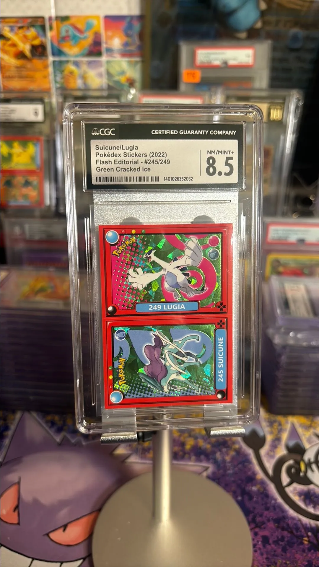 Product image for Cgc 8.5 Suicune/lugia pokedex sticker Green cracked ice