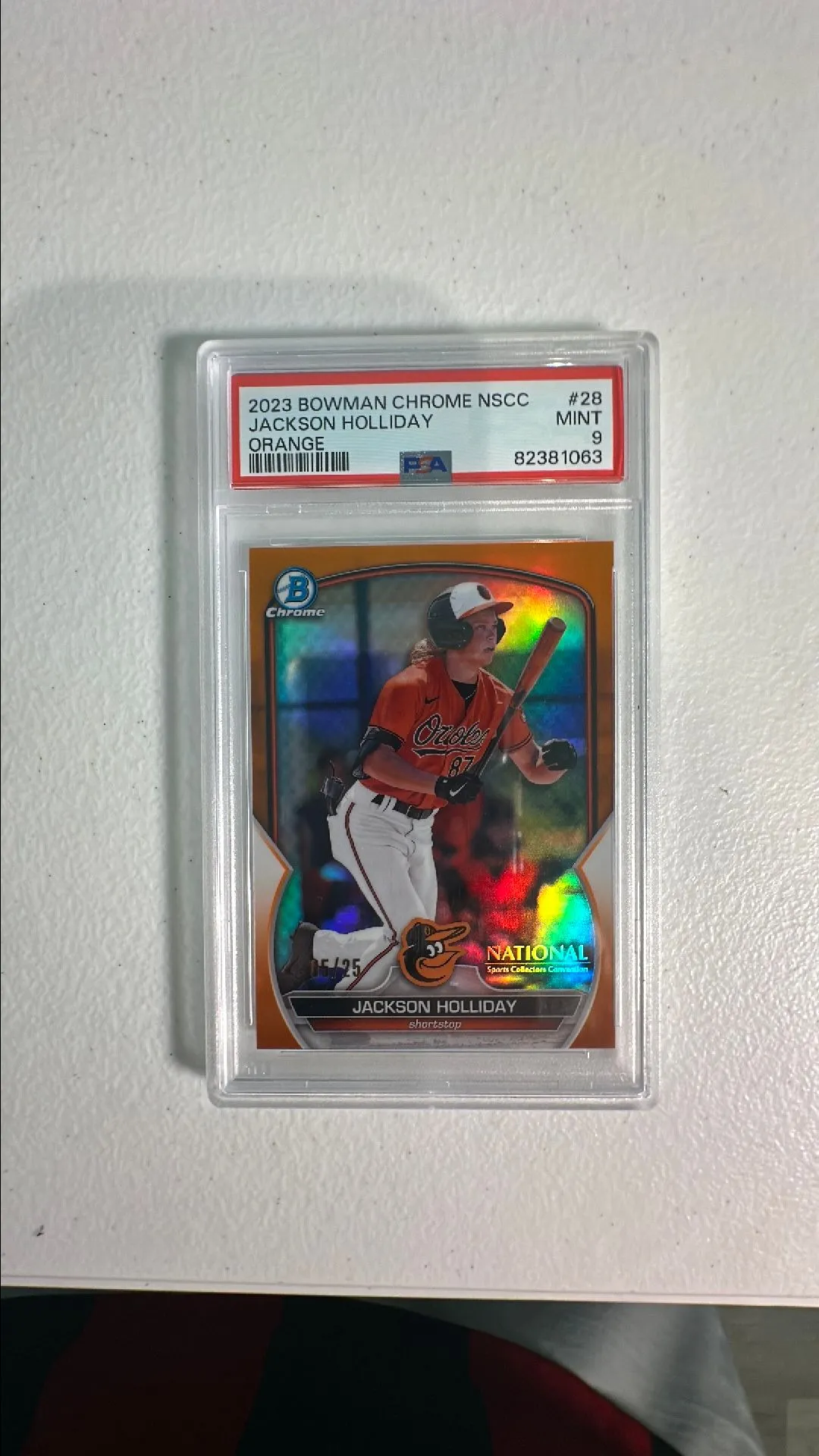 Product image for 2023 Bowman Chrome NSCC Jackson Holliday orange 5/25 PSA 9