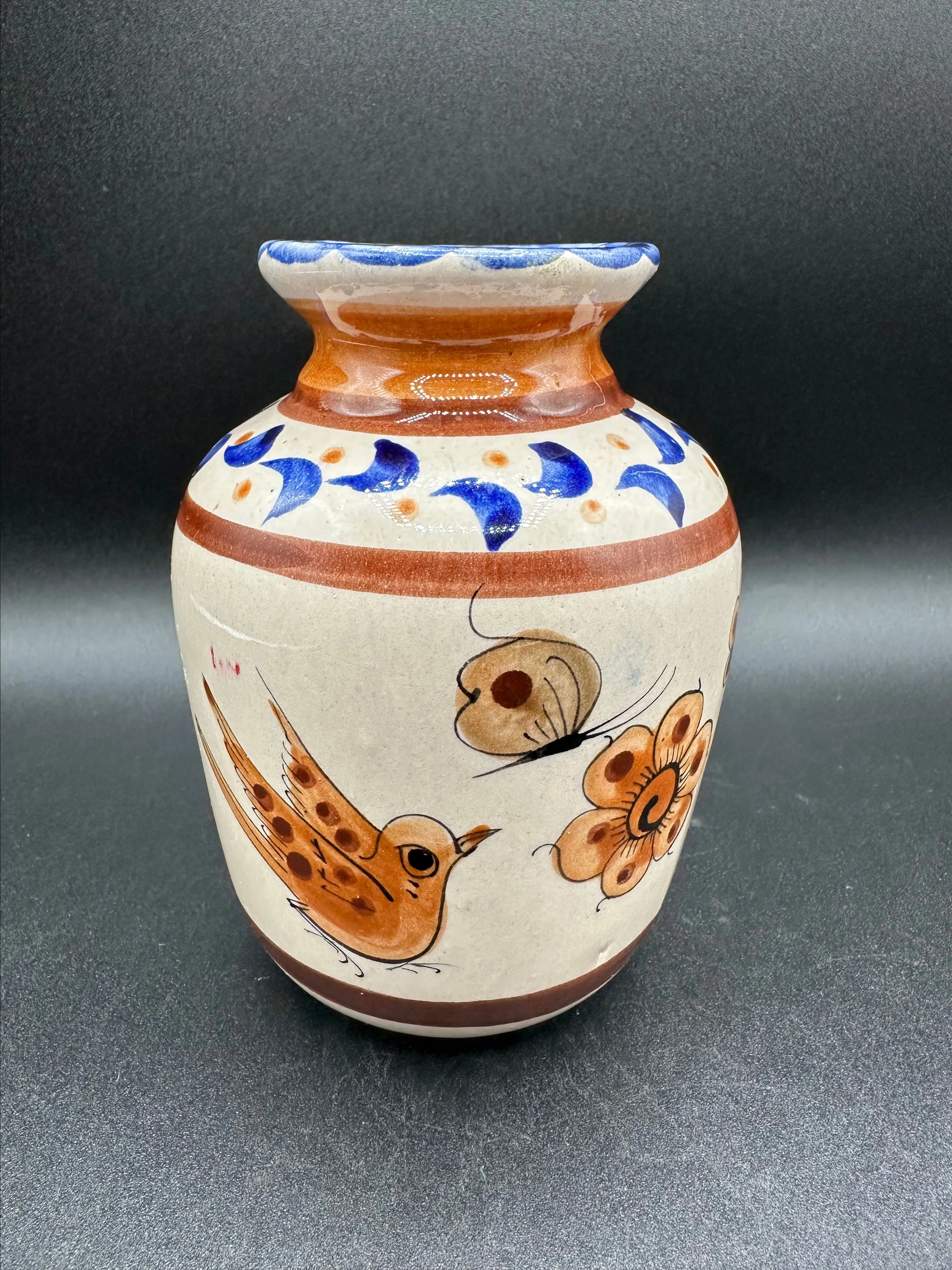Product image for Vintage Tonala Mexican Pottery Vase Bird Butterfly Flower 5"