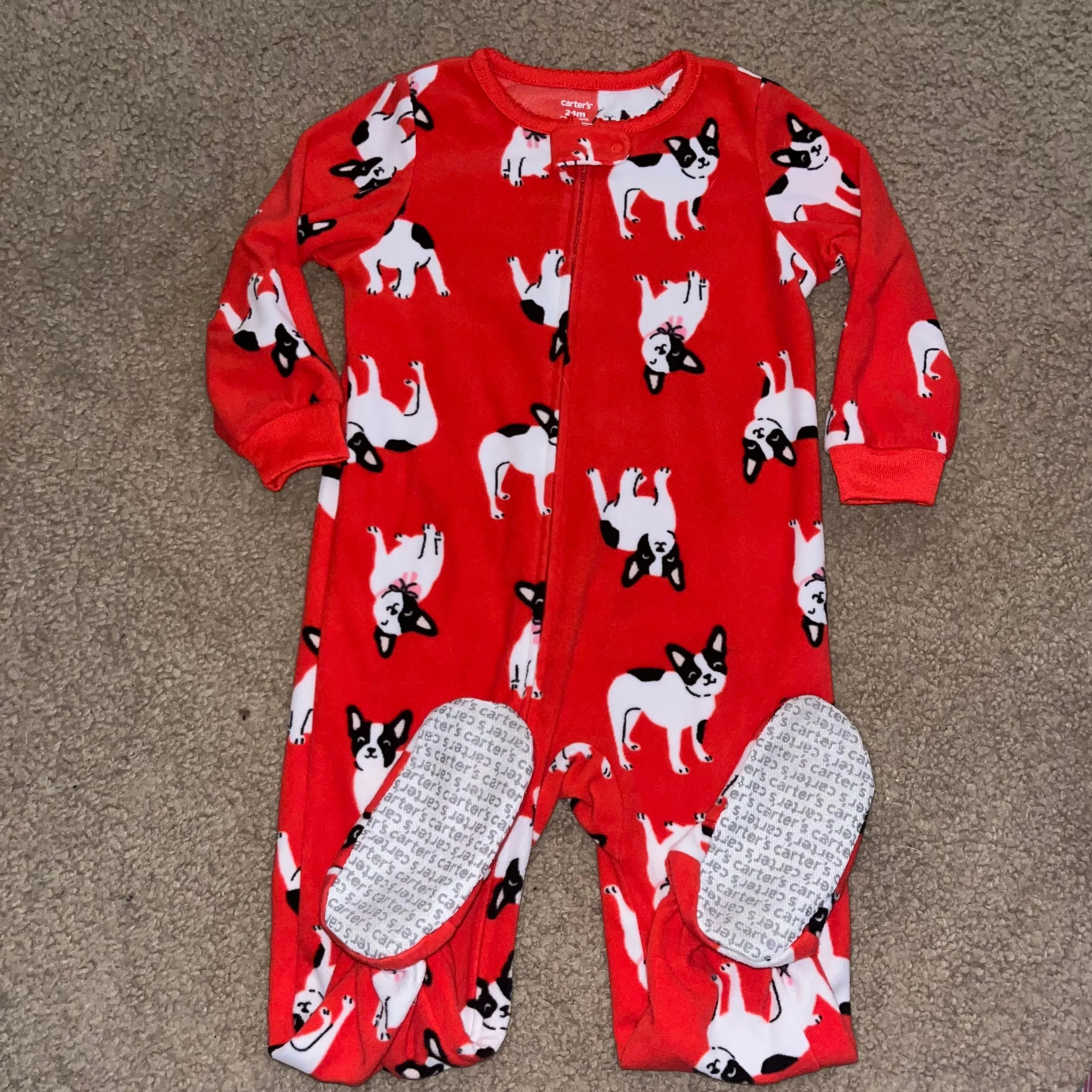 Product image for 183. red French dog fleece footie, size 24 months