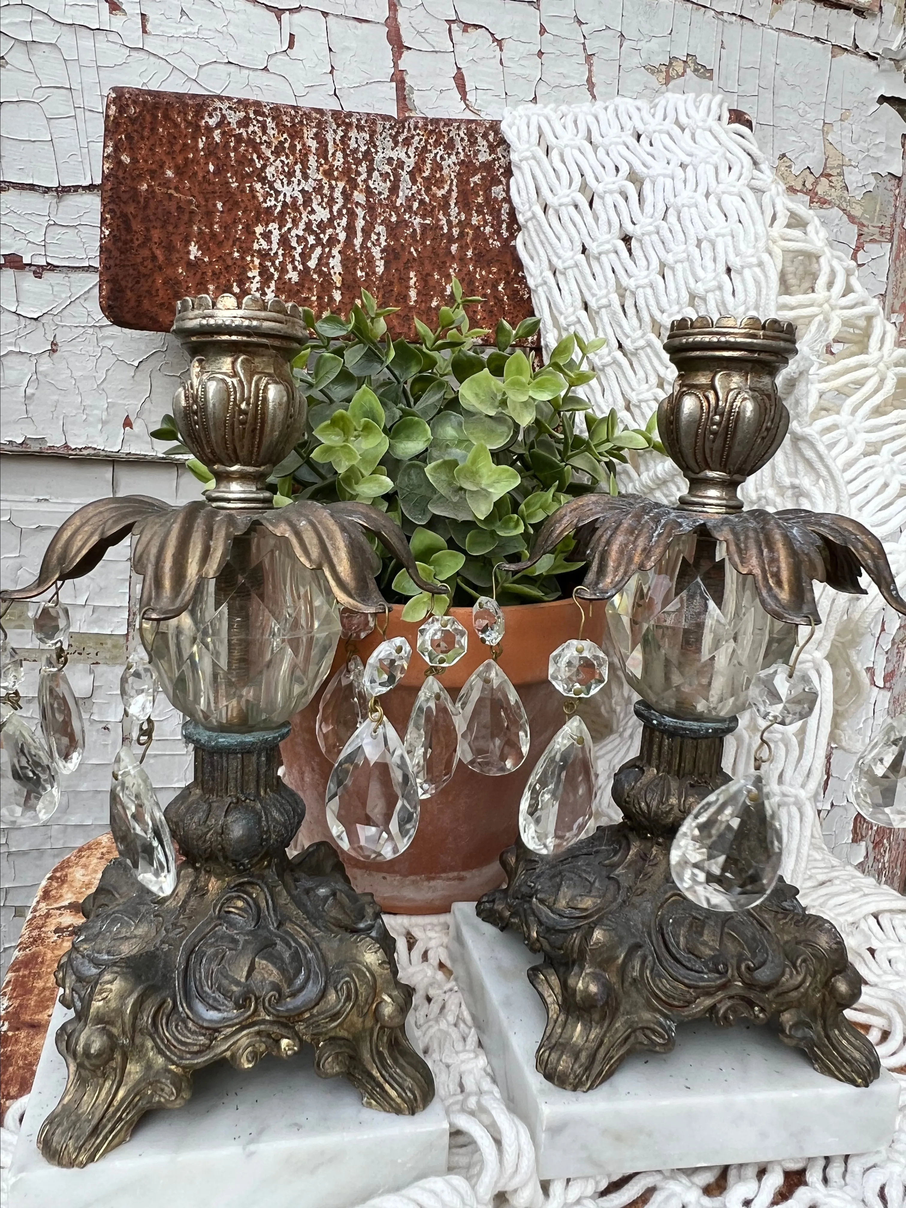 Product image for 6. BRASS FARMHENIAN Boho Antique EXQUISITE AND RARE METAL AND MARBLE SET OF Candlesticks