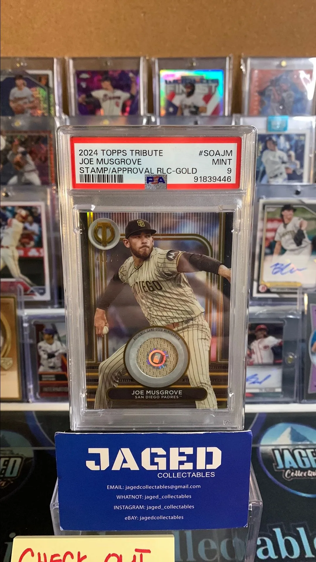 Product image for 2024 Topps Tribute Stamp Of Approval Relics Joe Musgrove SOAJM Stamp/Approval Rlc-Gold PSA MINT 9