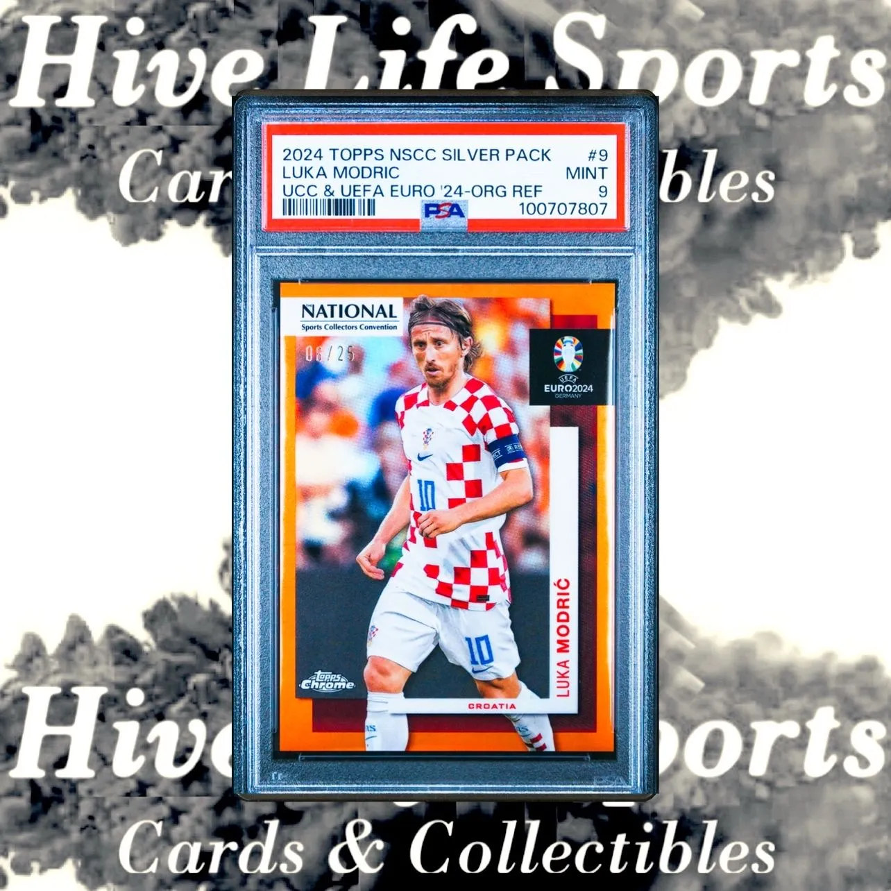 Product image for Luka Modric 2024 Topps NSCC UEFA Orange Refractor /25 #9 Croatia PSA 9