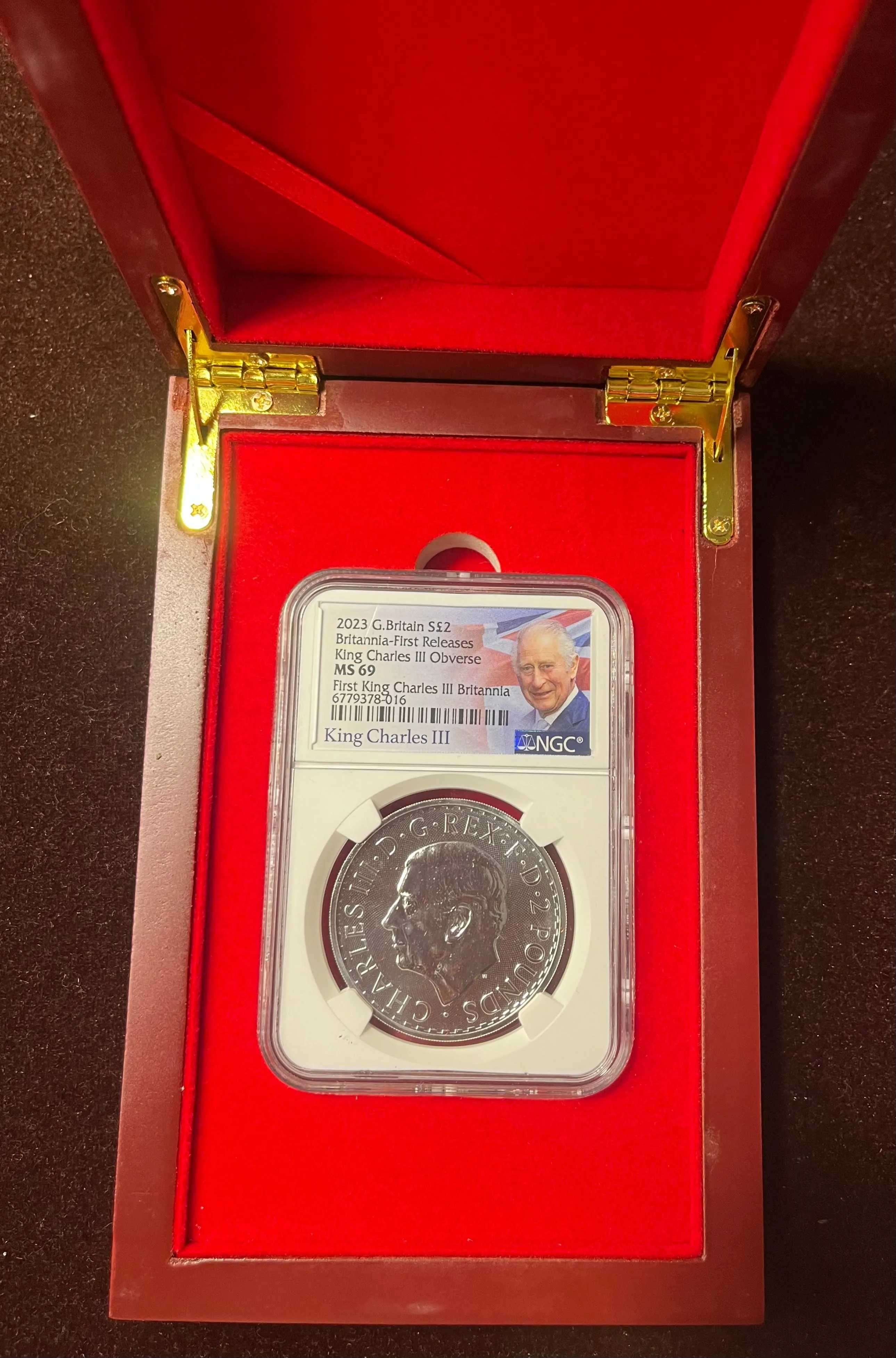 Product image for 2023 £2 first silver britannia with king charles III ms69 fr KC label