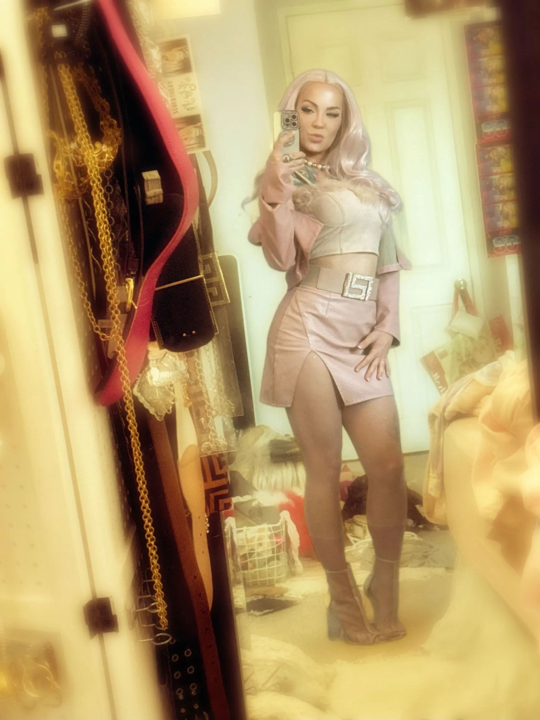 Product image for Faux leather Powder pink cropped jacket and slit skirt set