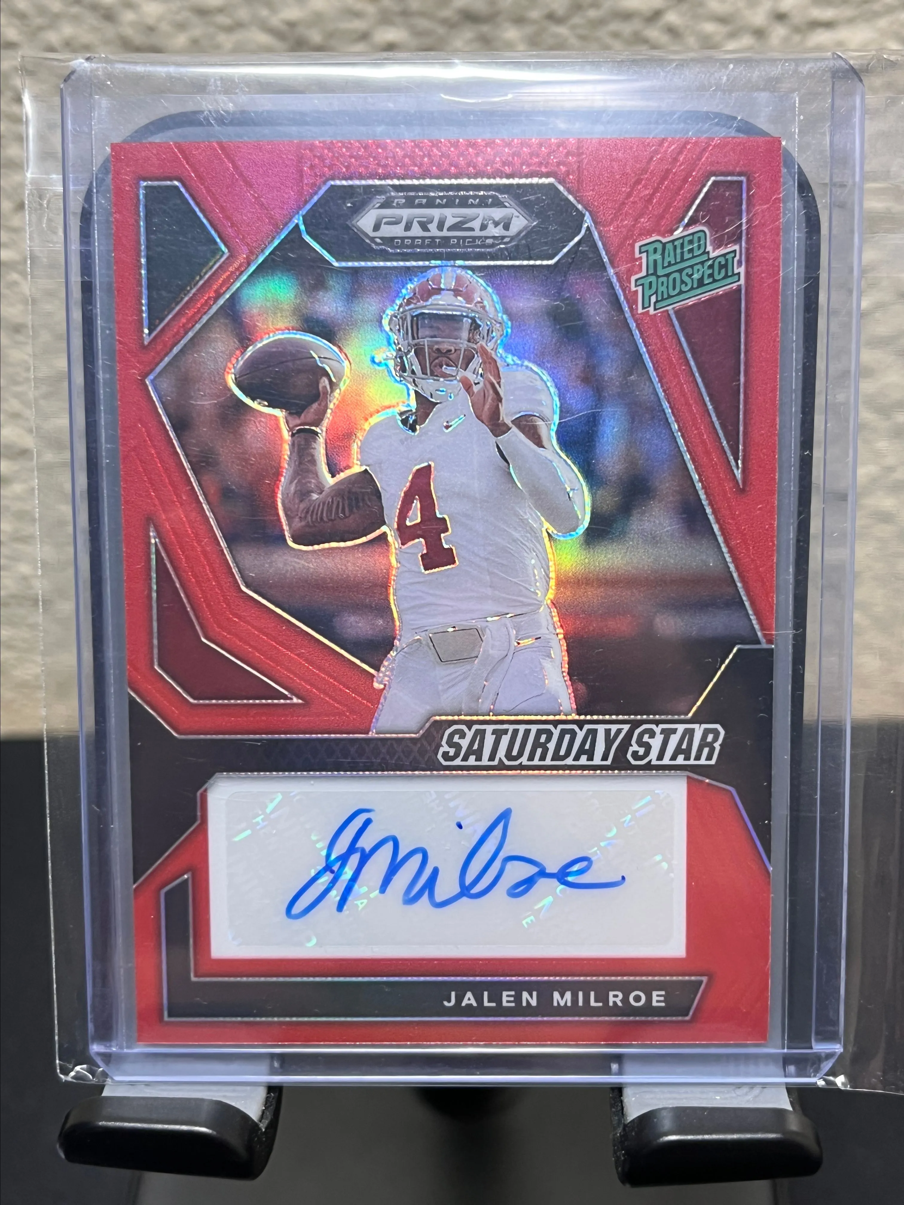Product image for Jalen Milroe Prizm Red Rated Prospect Saturday Star Auto /199 2024