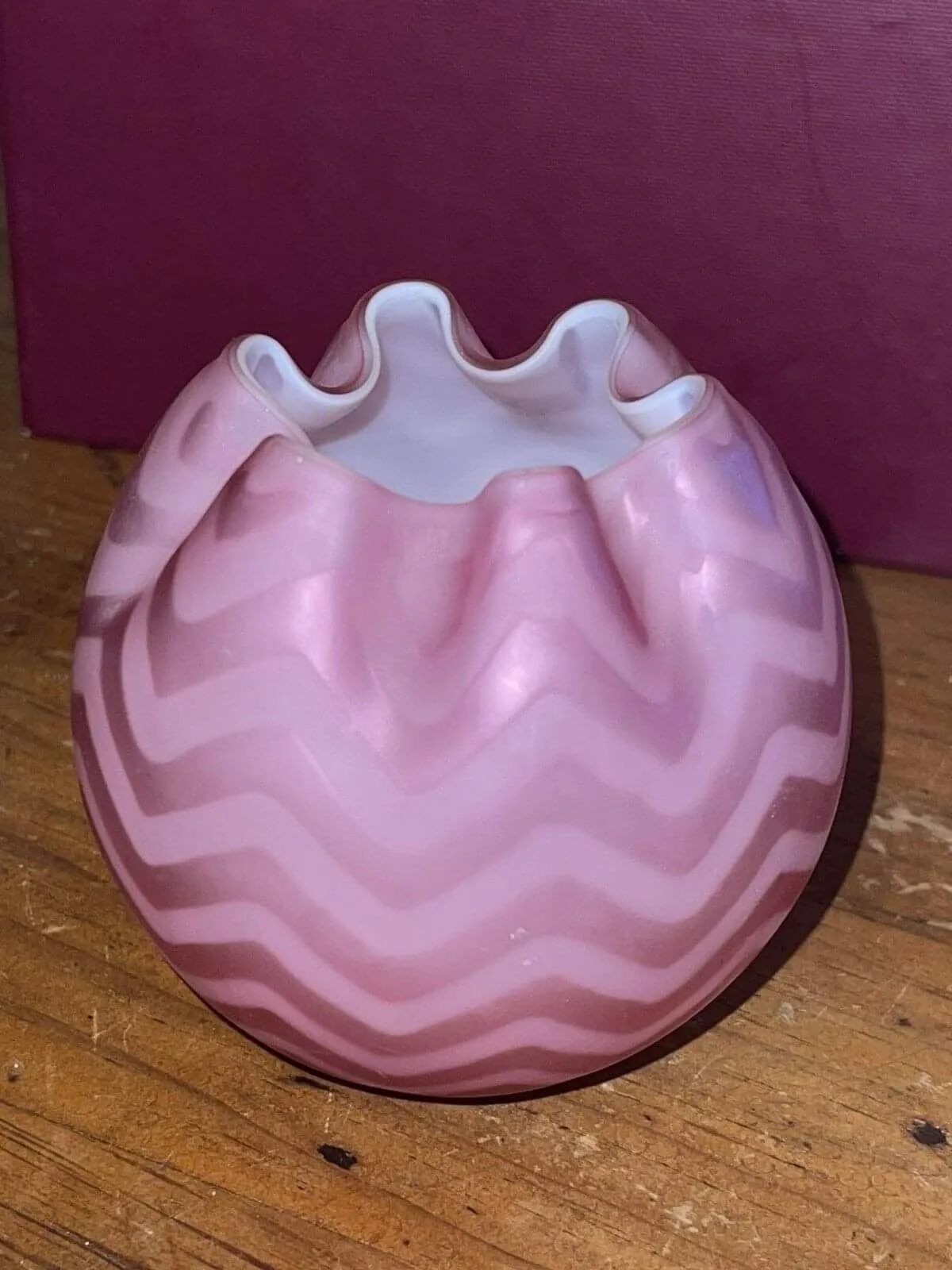 Product image for Satin art glass Wavy ruffled rim pink rose bowl