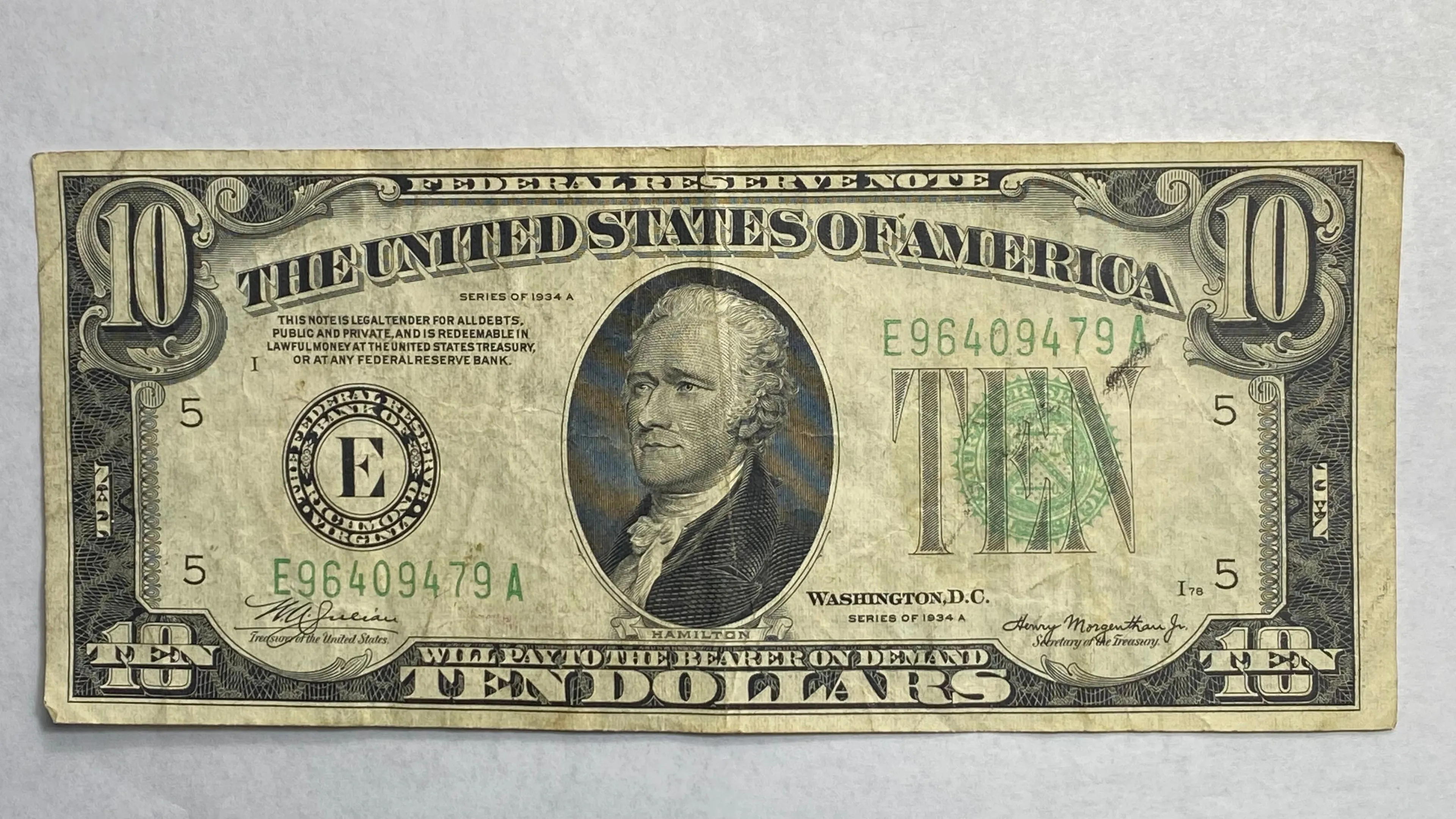Product image for 1934 A $10 Ten Dollar Green Seal Federal Reserve Note