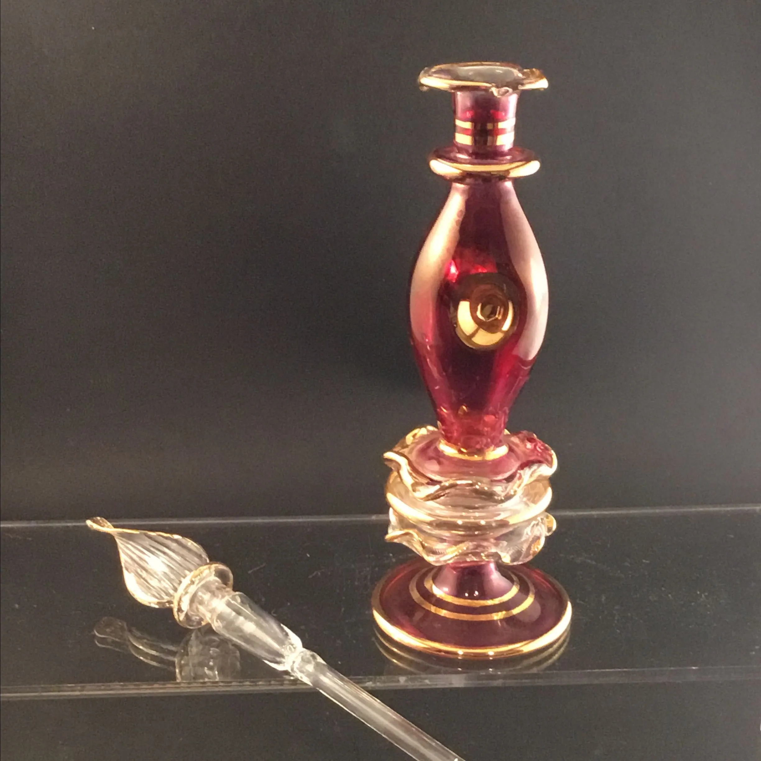 Product image for Bohemian cranberry perfume bottle with Dabber etching and gold trim￼