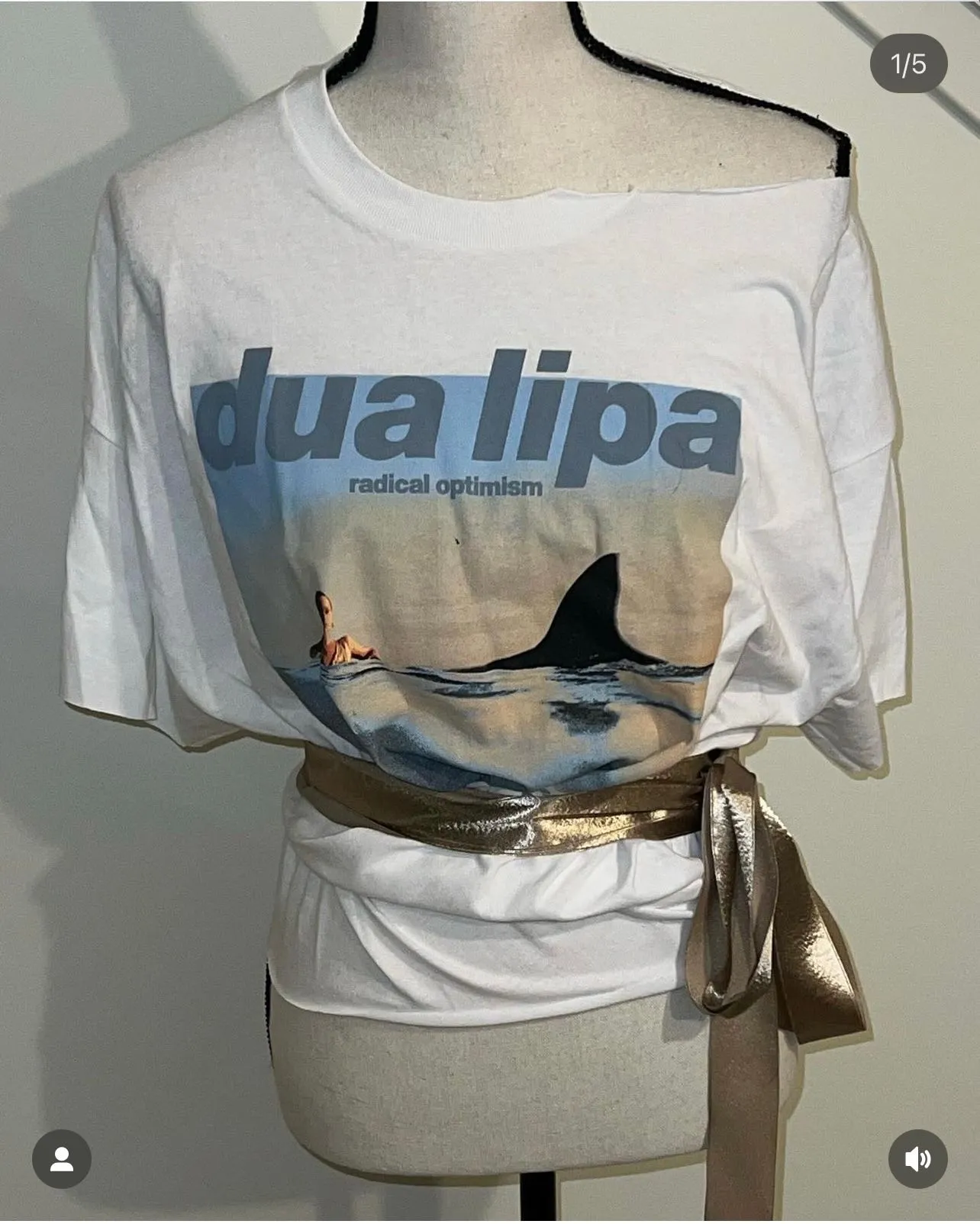 Product image for Upcycled Dua Lipa Graphic Tee with one Asymmetrical Off Shoulder and Gold Wrap Around Sash