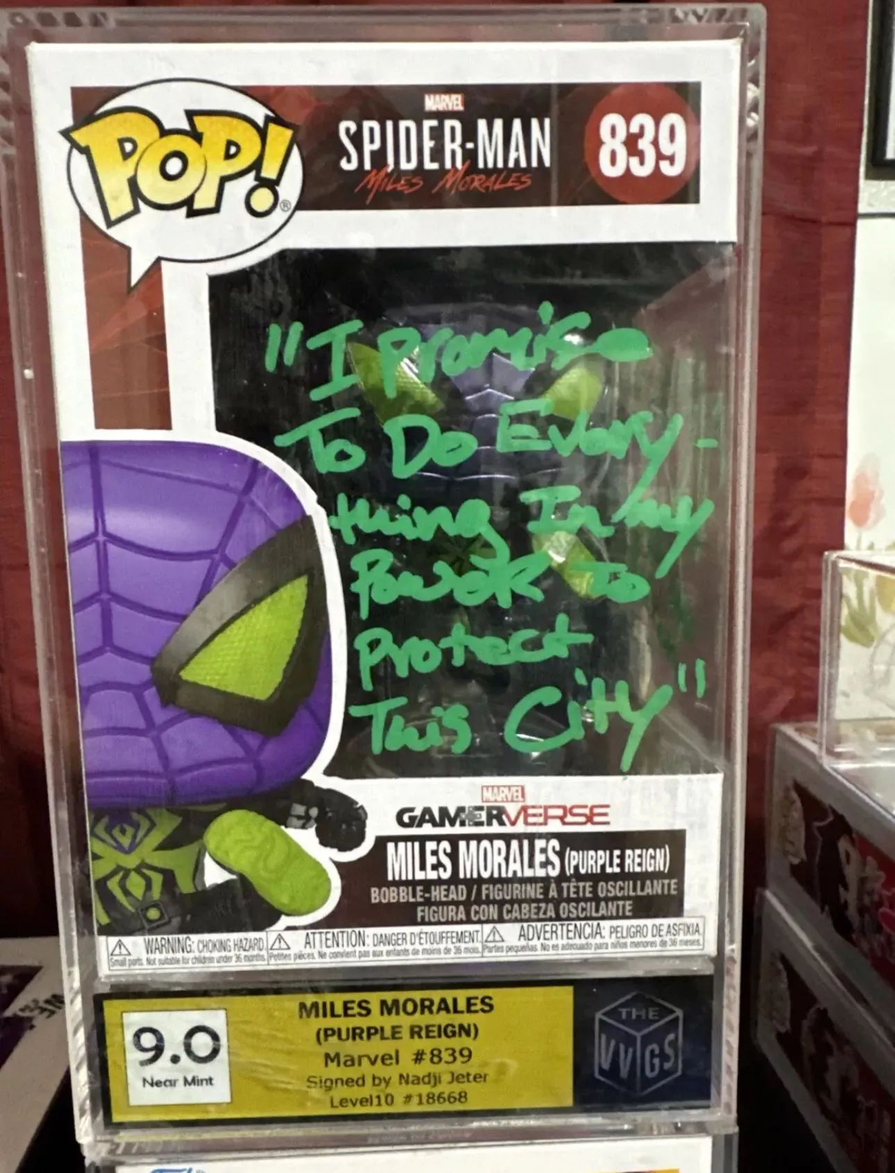 Product image for Funko Pop! Miles Morales Purple Reign Suit #839 Signed By Nadji Jeter Grade 9.0