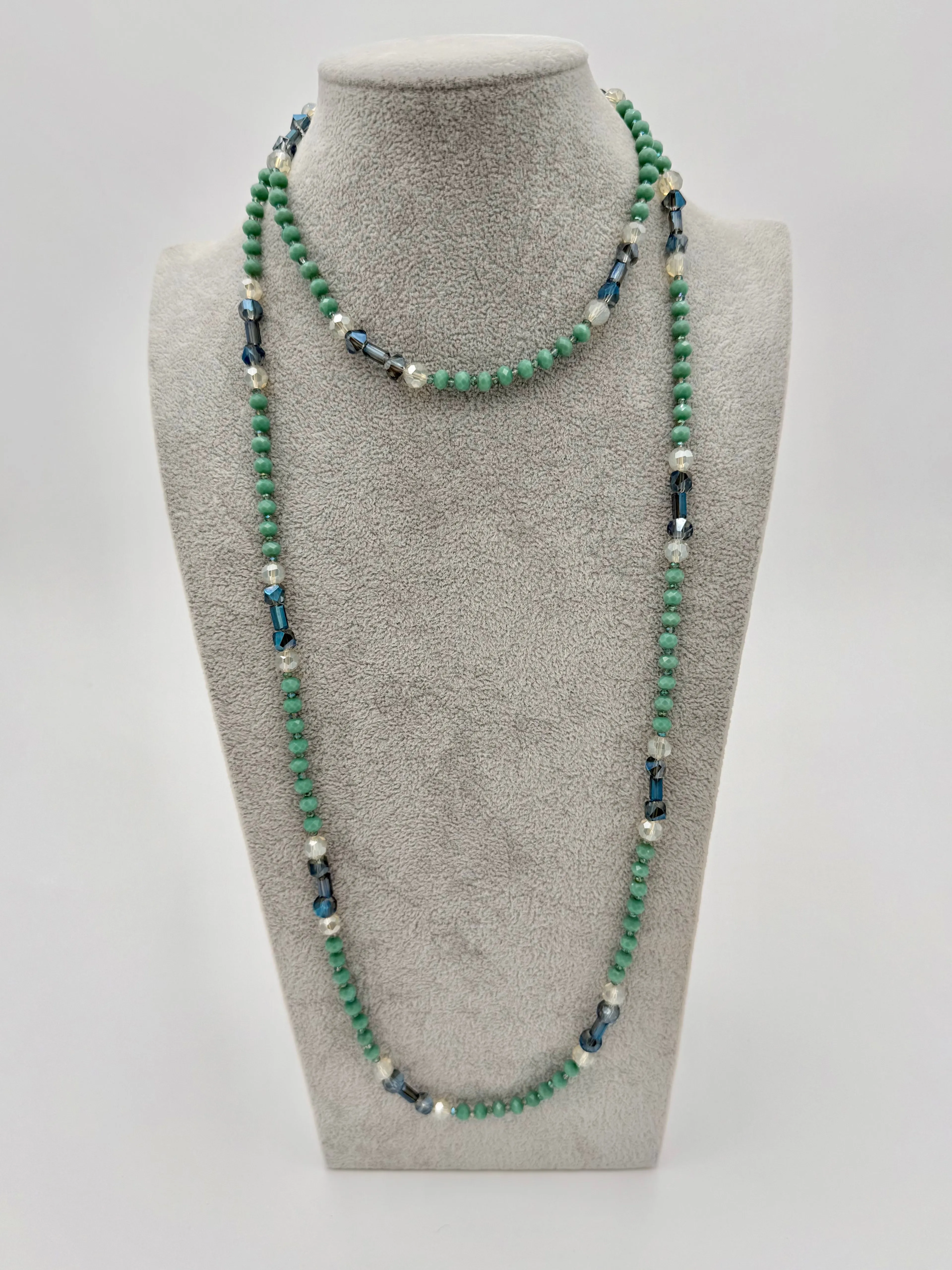 Product image for Park Lane Hand Knotted Glass Necklace 50". Beautiful Minty & Blue Glass AB Crystals.