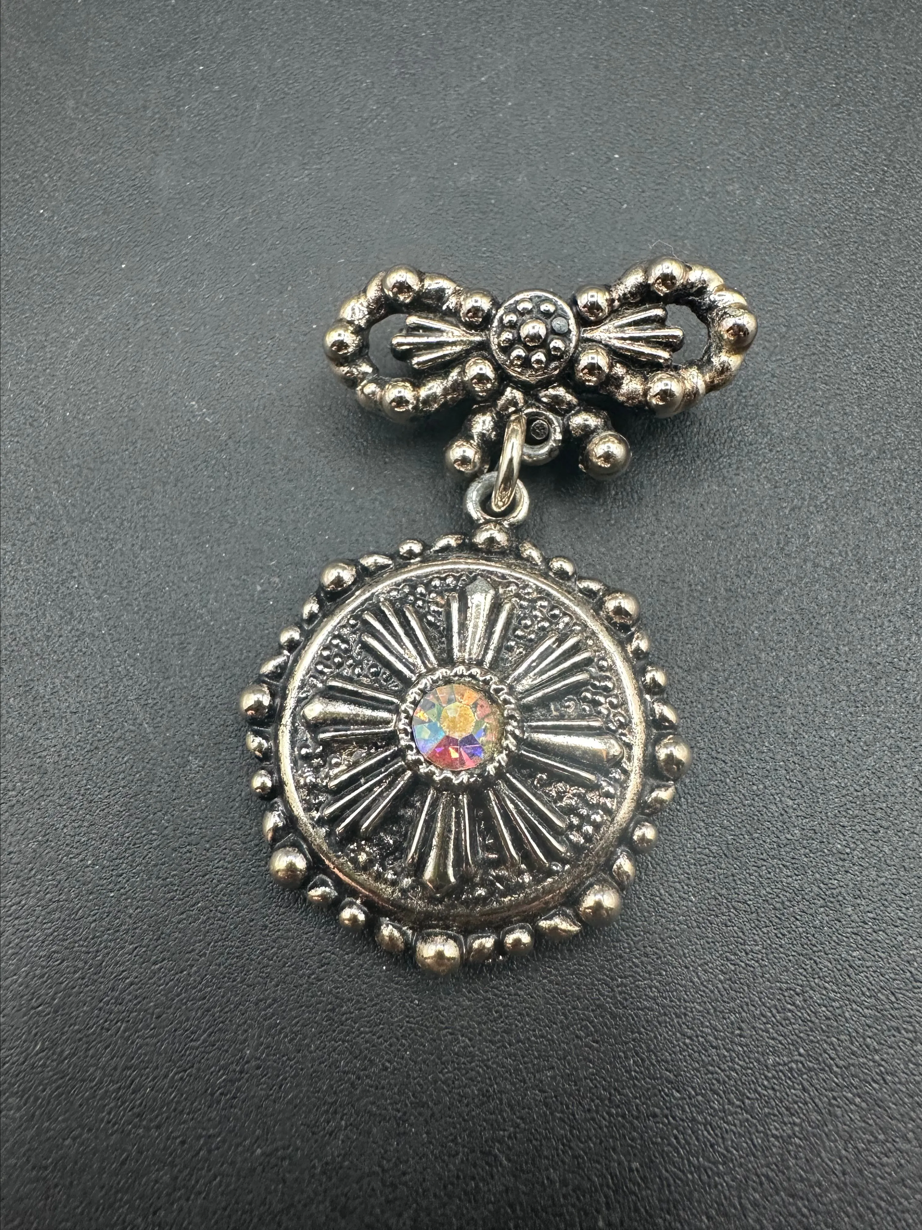 Product image for Silvertone Medallion Drop Brooch, AB Rhinestone Accent 2"