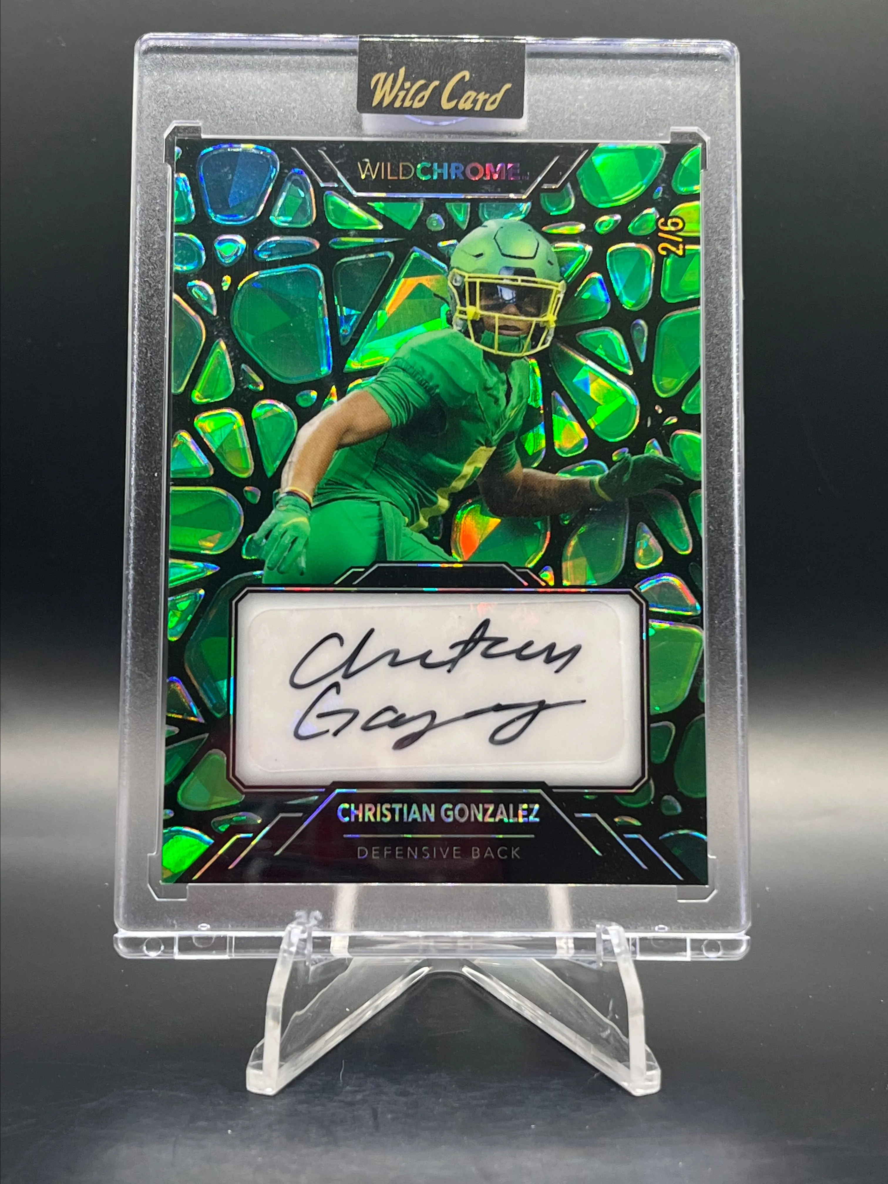 Product image for 2/6 Christian Gonzalez Oregon DB 2023 Wild Card WildChrome WildGlass Auto Green Crystal Holo