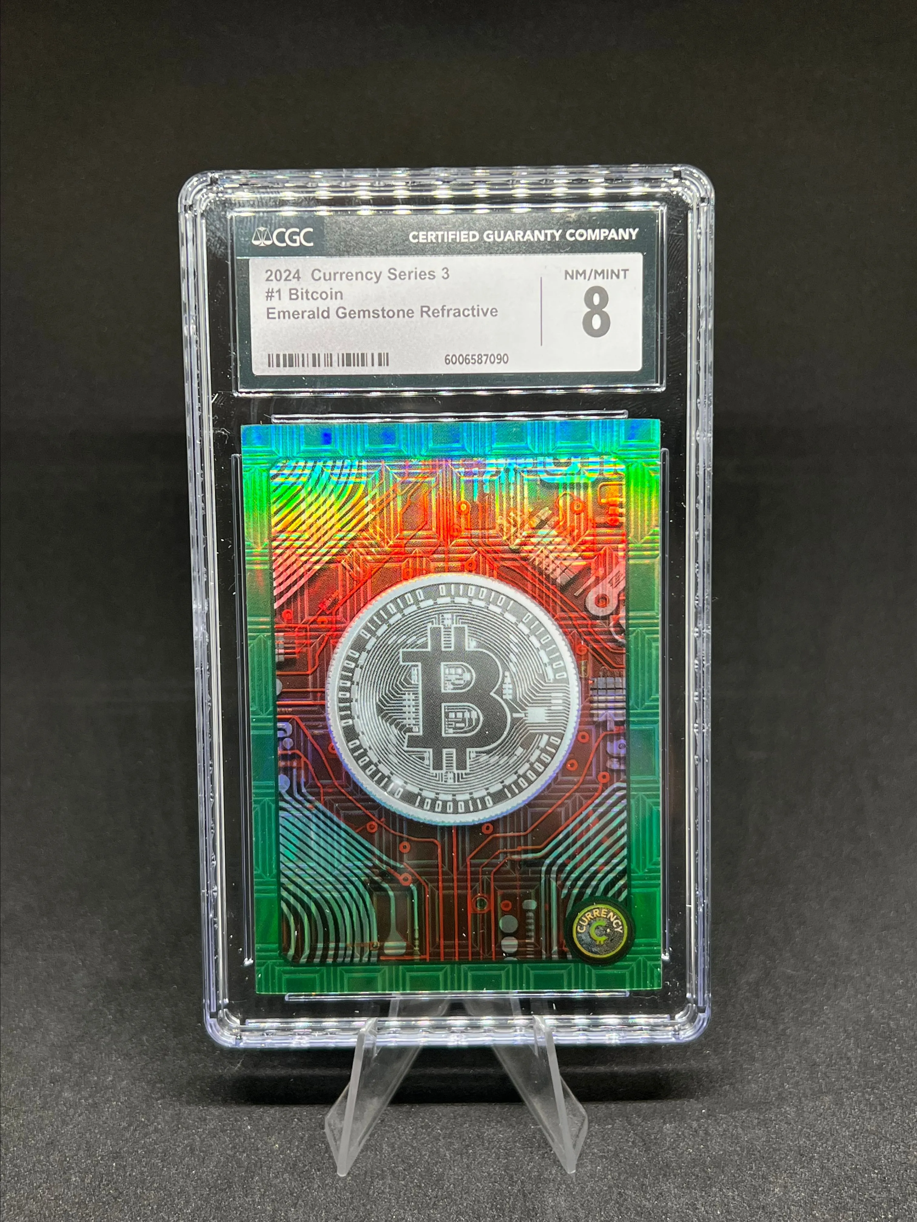Product image for 2024 Cardsmiths Currency Series 3 Bitcoin #1 Emerald Gemstone Refractive Serialized 58/99 CGC 8