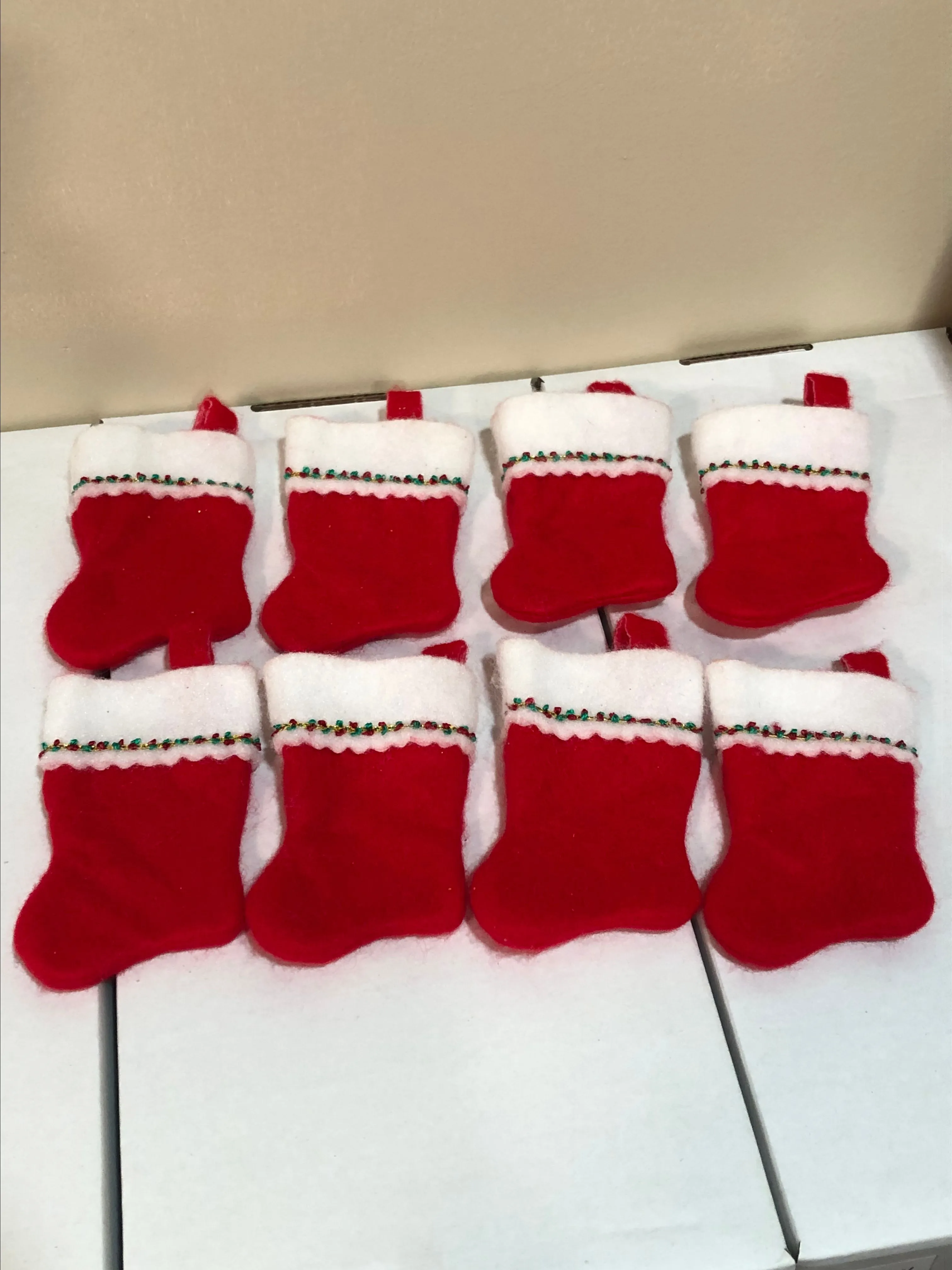 Product image for Vintage Trim a Home Mini Christmas Stockings Lot Of 8 Gold Trim Red Boot
