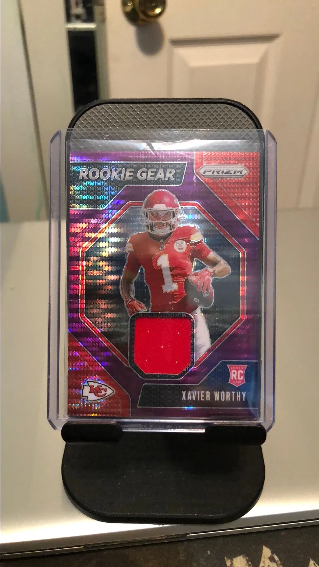 Product image for 2024 Panini Prizm Xavier Worthy Rookie Gear Jersey Purple Pulsar RC
