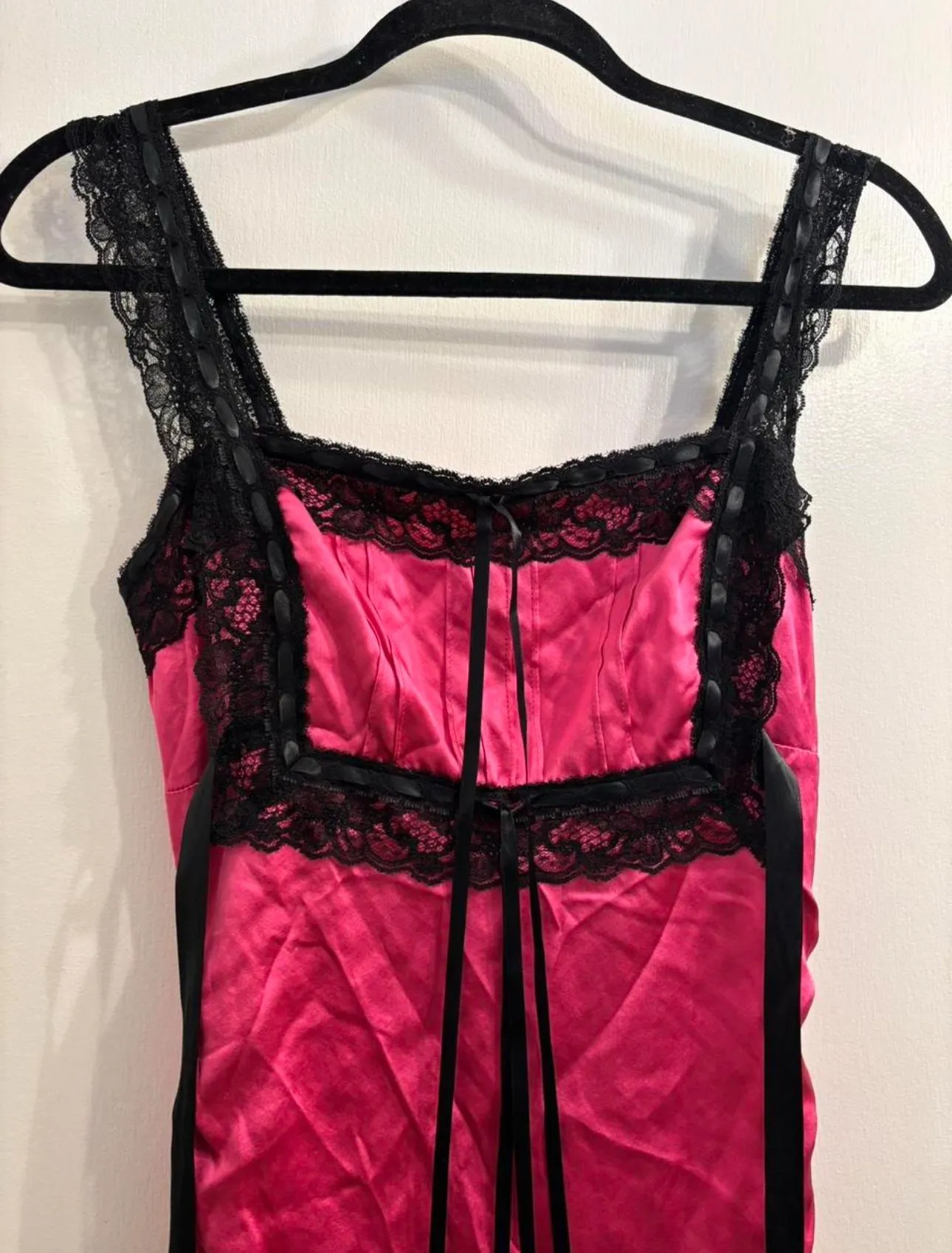 Betsey Johnson Lingerie Hot pink Slip dress with black lace trim  Whatnot:  Shop, Sell, Connect