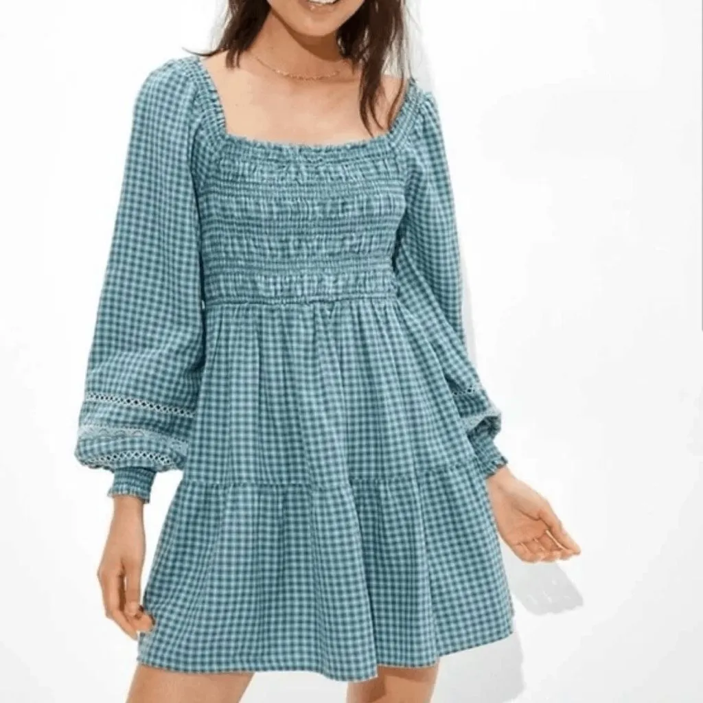 Product image for American Eagle green plaid smocked bust long sleeve dress
