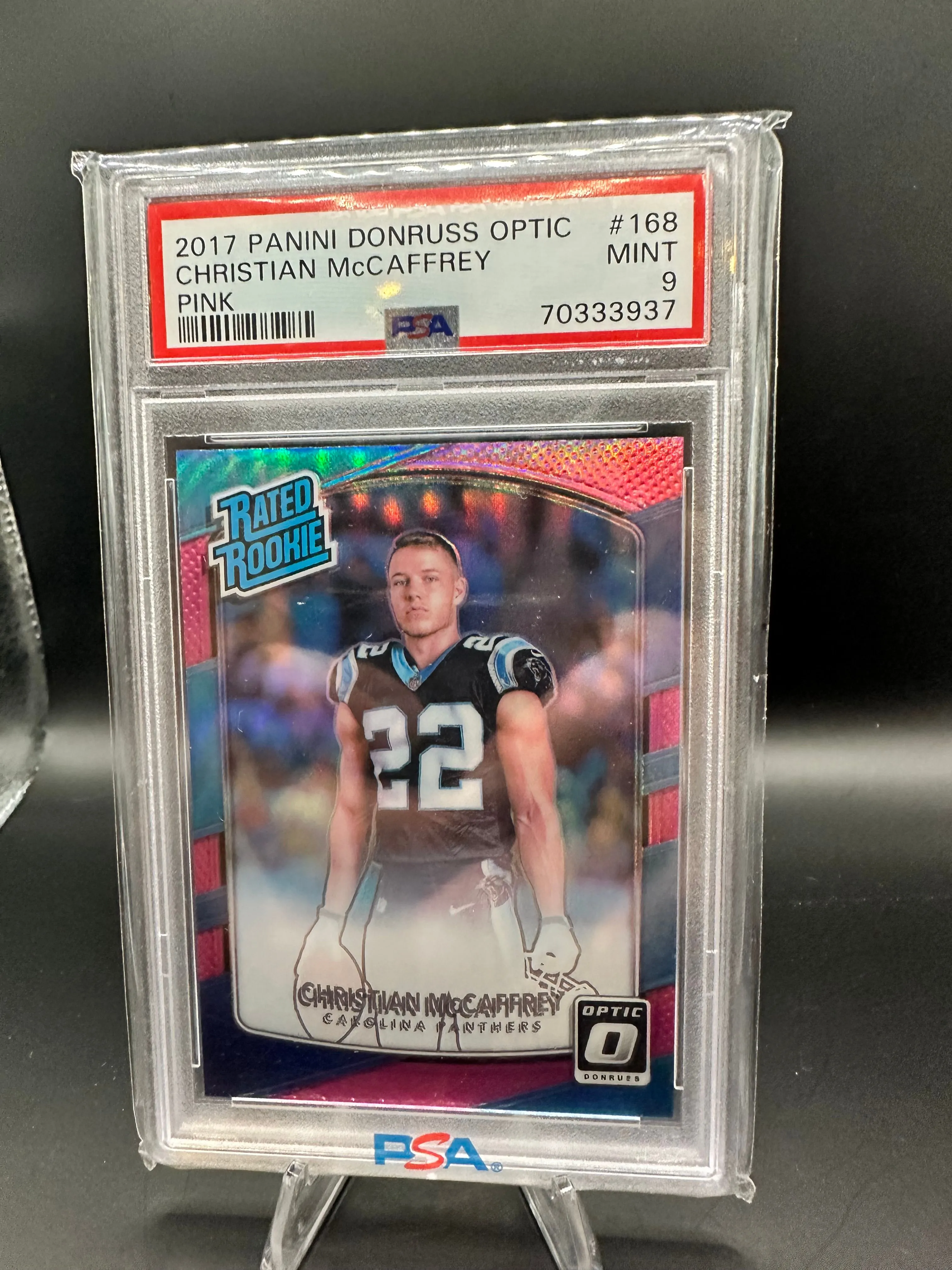 Product image for 2017 Panini Donruss Optic Christian Mccaffrey 168 Pink PSA MINT 9