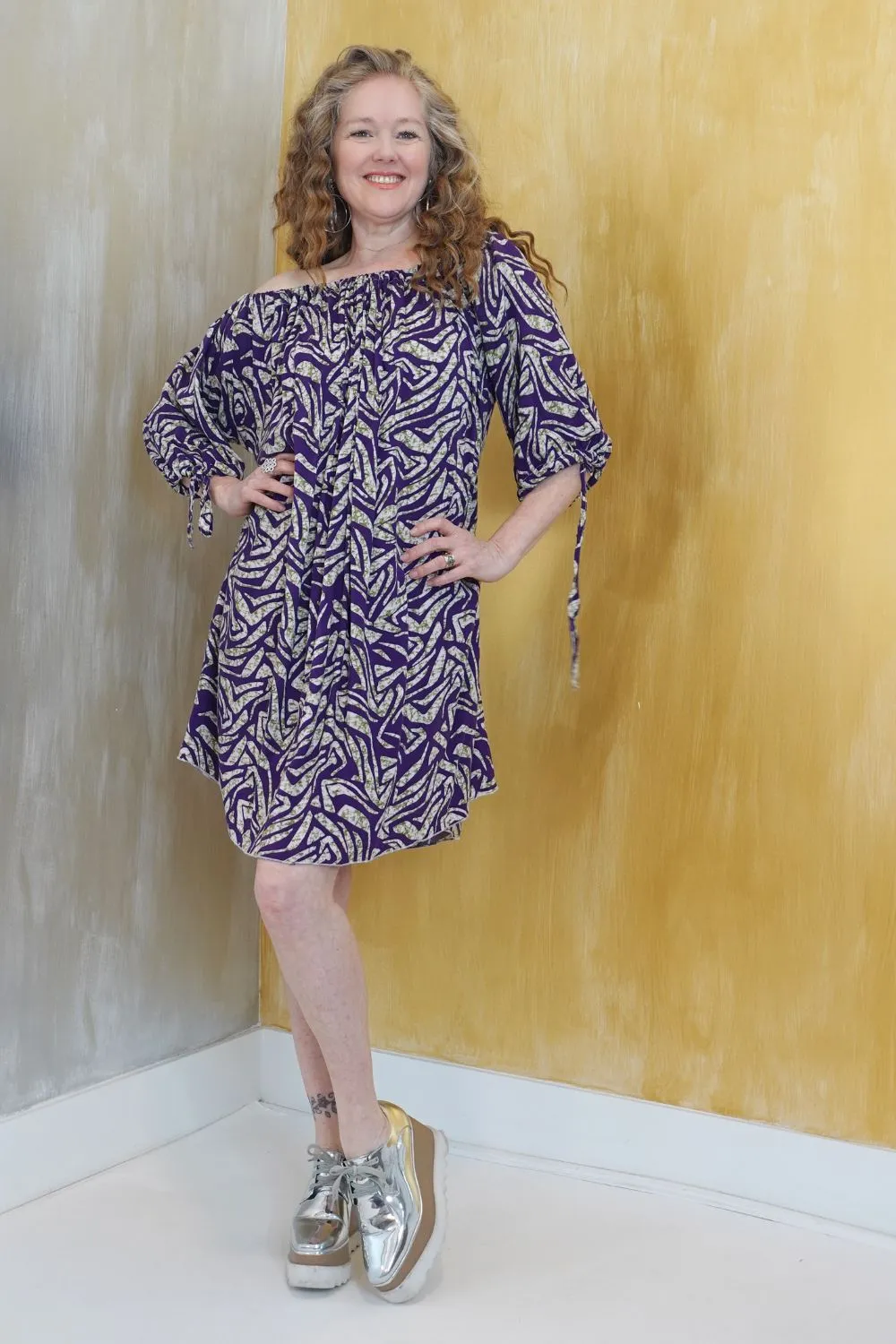 Product image for Wear 3 Ways Dress Short With Sleeve Purple Print XS-M/2-10