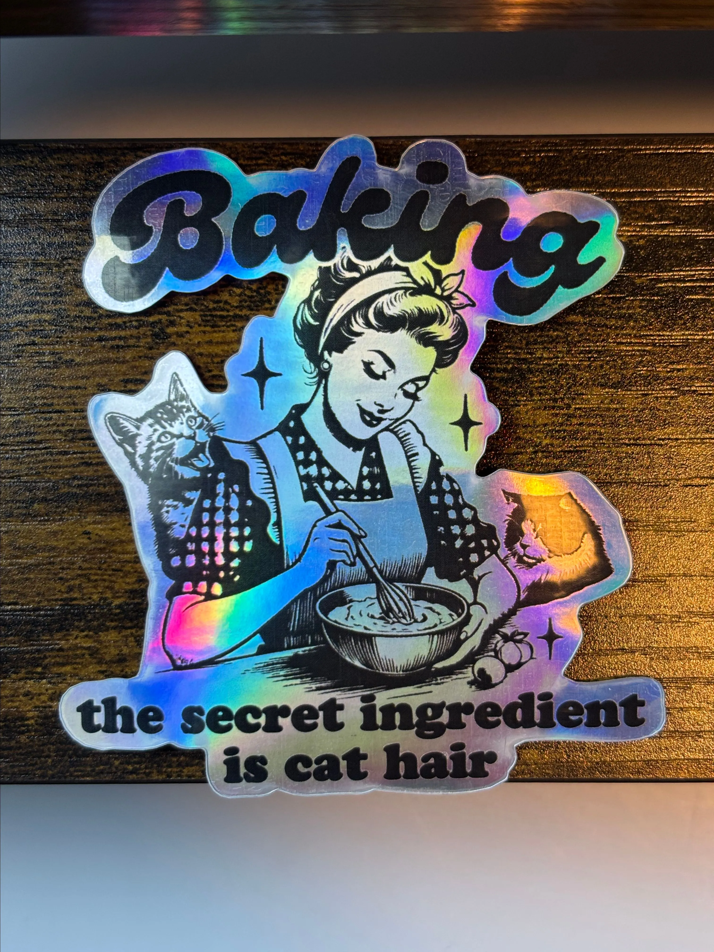 Product image for F56 - Funny Vintage Cat Stickers, Baking! the Secret Ingredient is Cat Hair, Snarky Cat Stickers