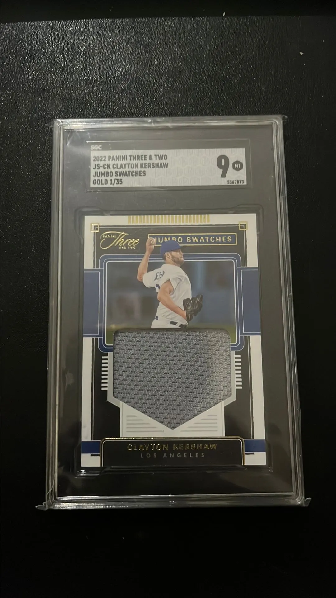 Product image for 2022 Panini Three & Two Clayton Kershaw SGC Jumbo Swatches Gold /35