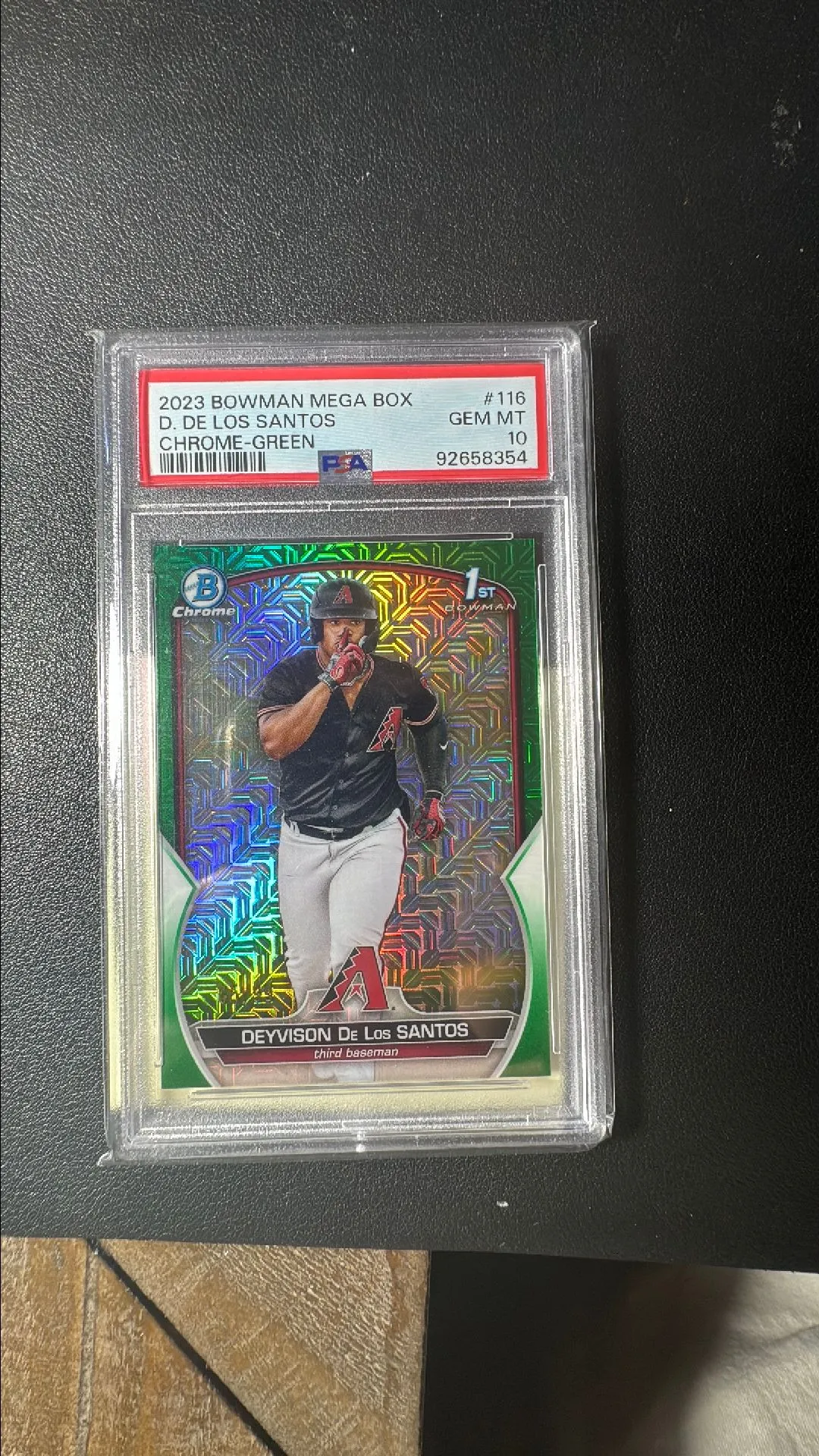 Product image for Deyvison De Los Santos 1st Bowman Chrome Mega Box Green Mojo Refractor PSA 10