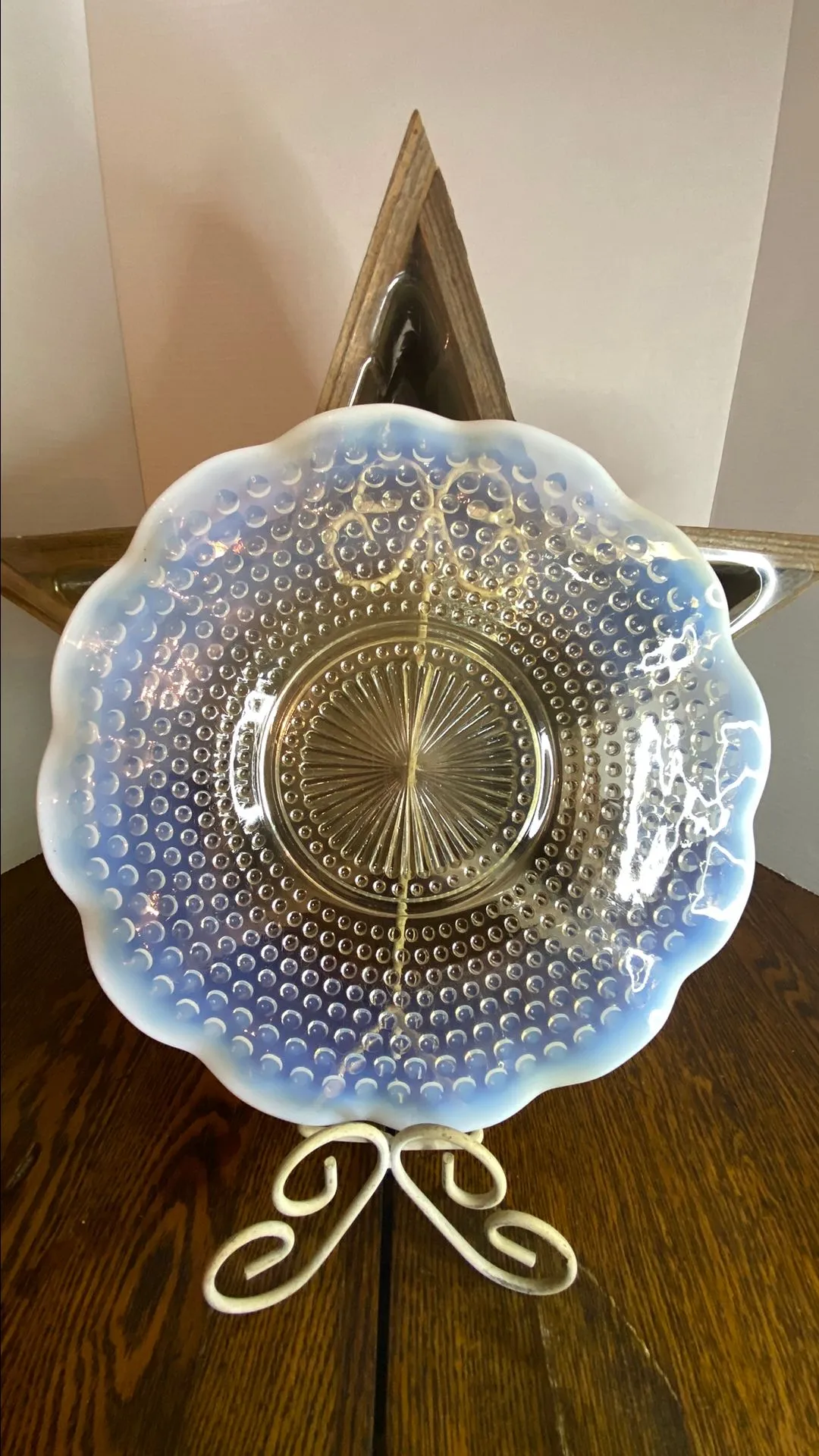 Product image for Anchor Hocking Moonstone Dish Ruffled White Edge Hobnail Opalescent 10 3/4" Vtg