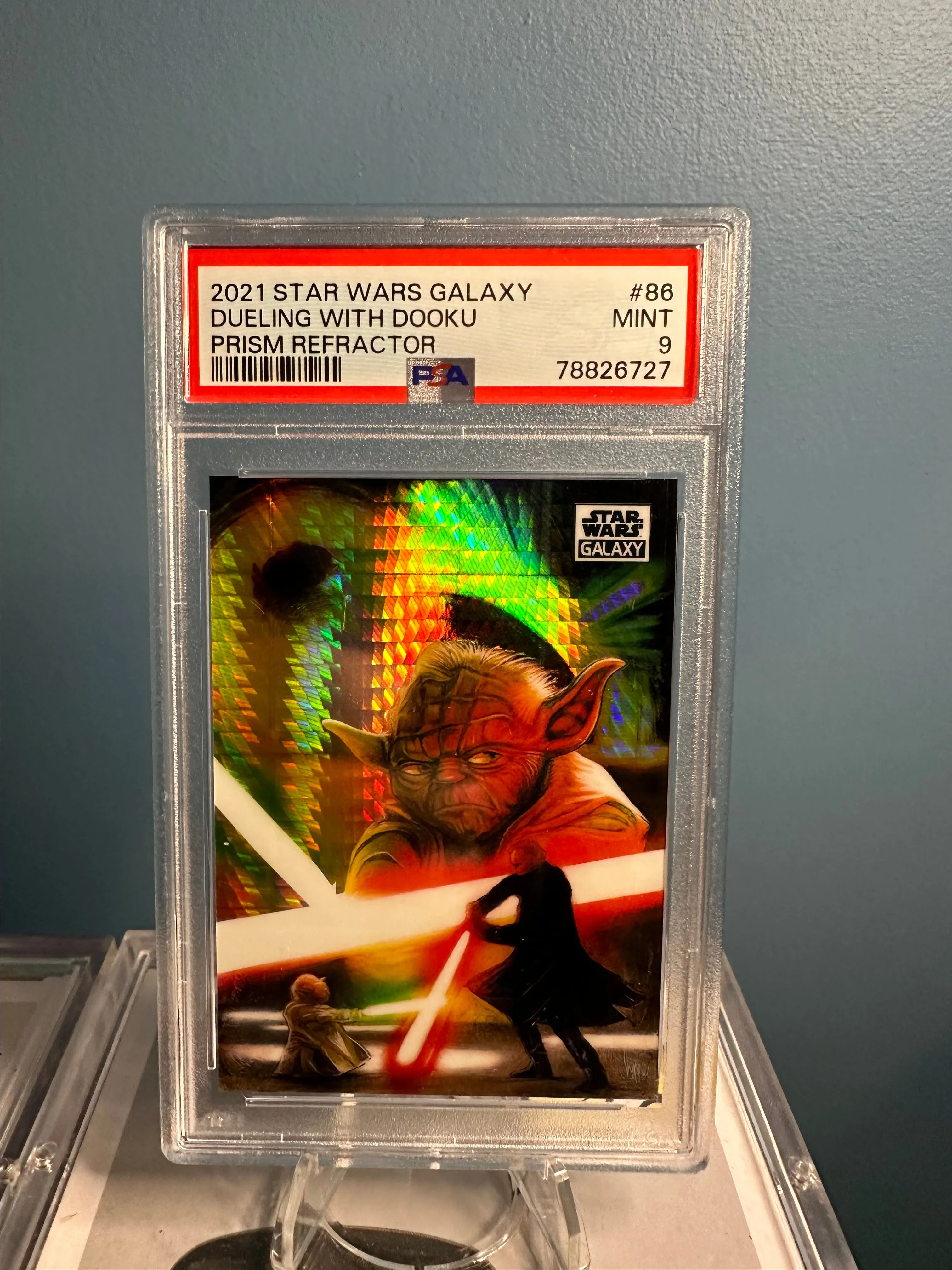 Product image for 2021 Topps Chrome Star Wars Galaxy Dueling With Dooku Prism Refractor PSA MINT 9