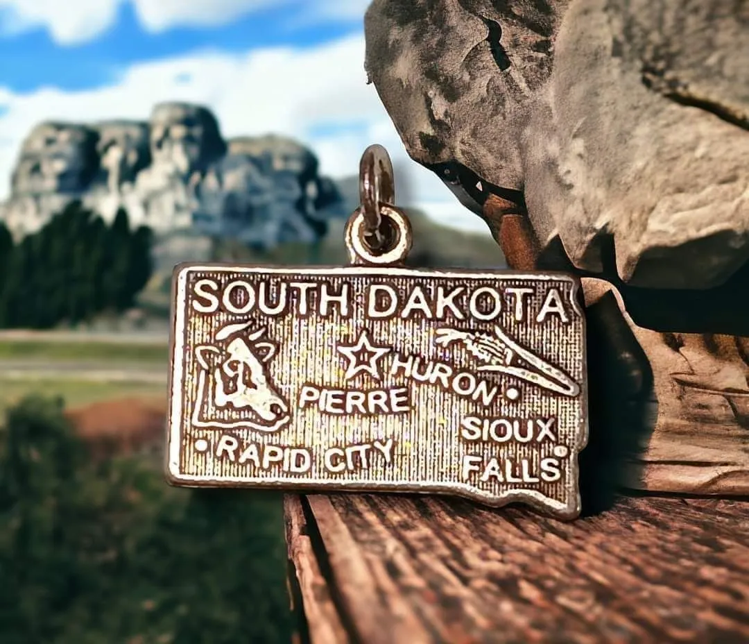 Product image for Vintage sterling South Dakota state charm.  Stamped. 925 and tests positive for sterling. Measures 5