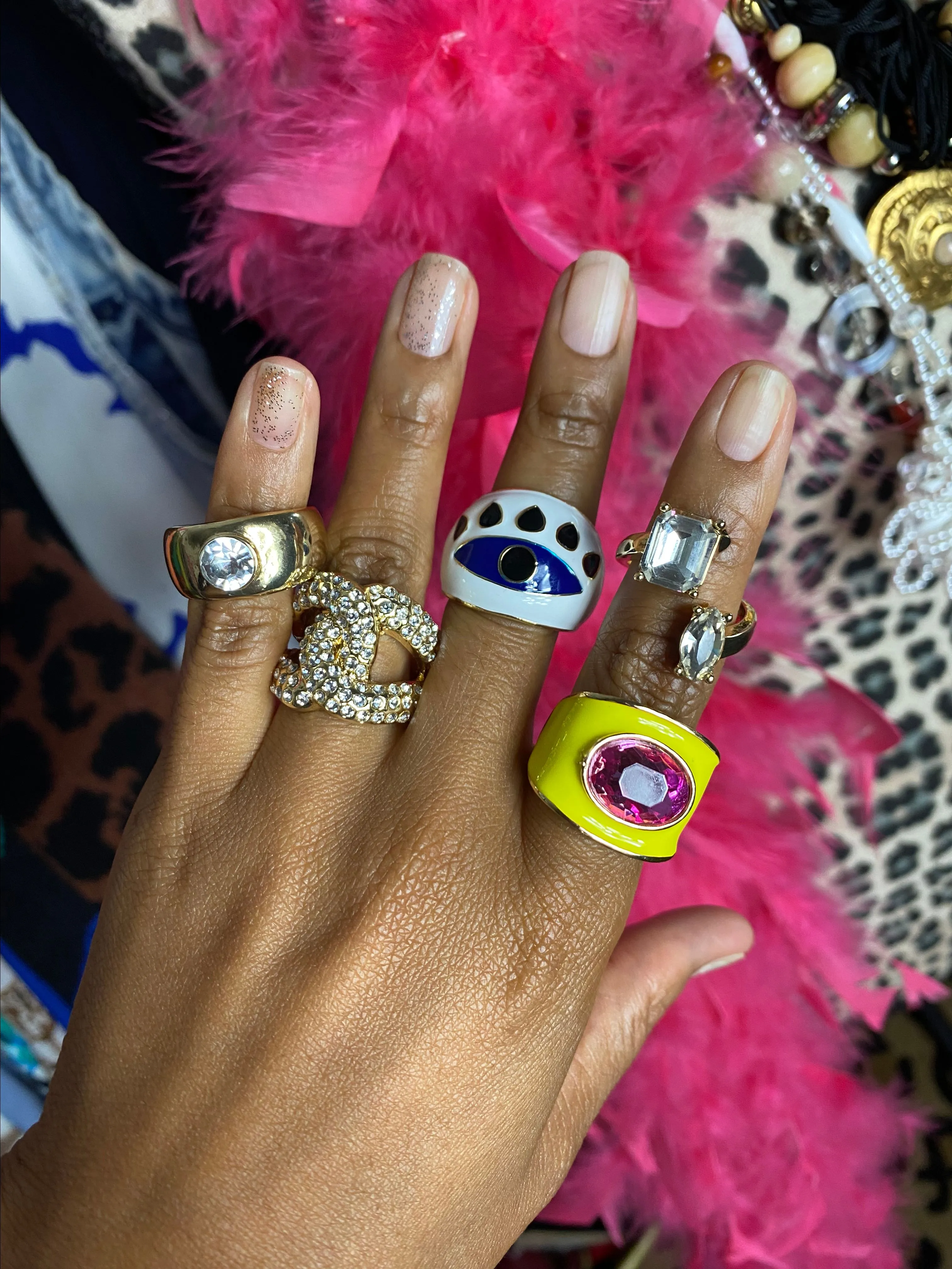 Product image for Chunky White Navy Black Eye Statement Ring Size 8