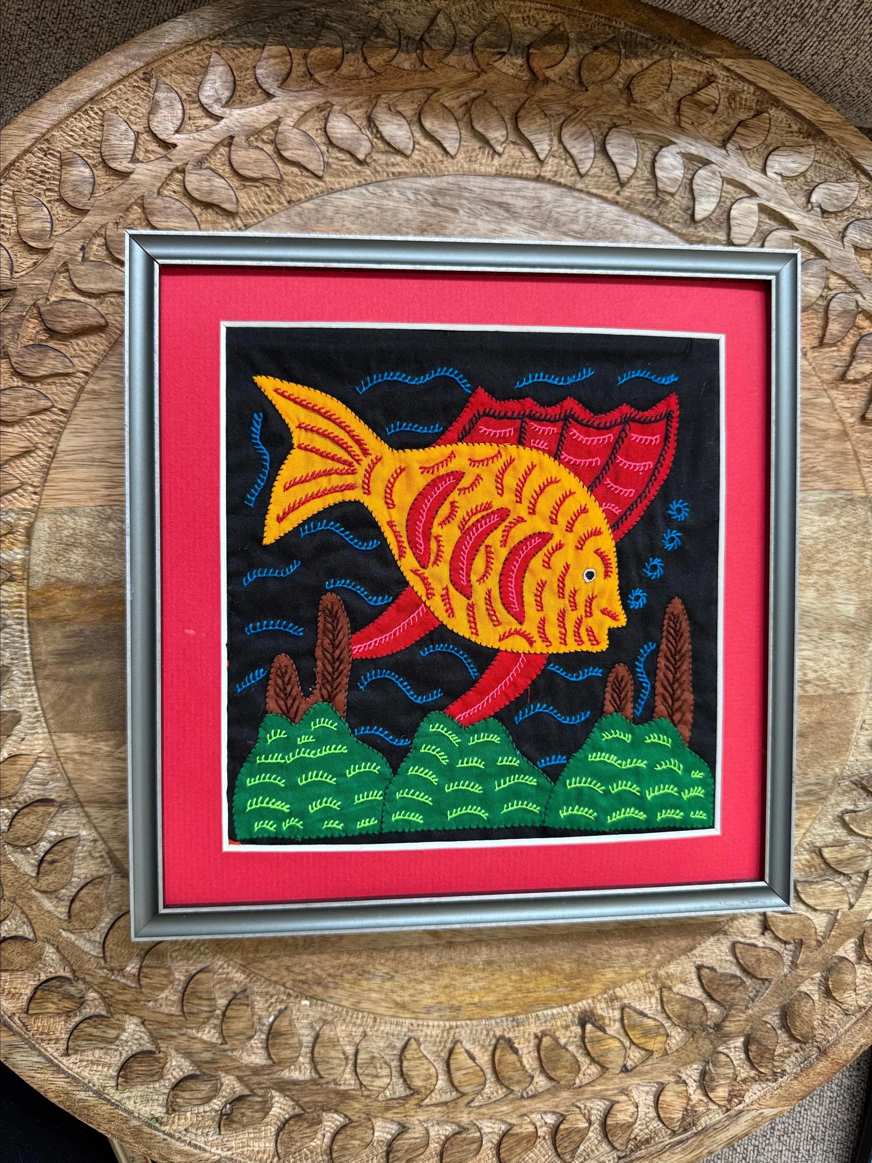 Product image for Mola Textile Folk Art Fish Panama Hand Stitched Framed Embroidery