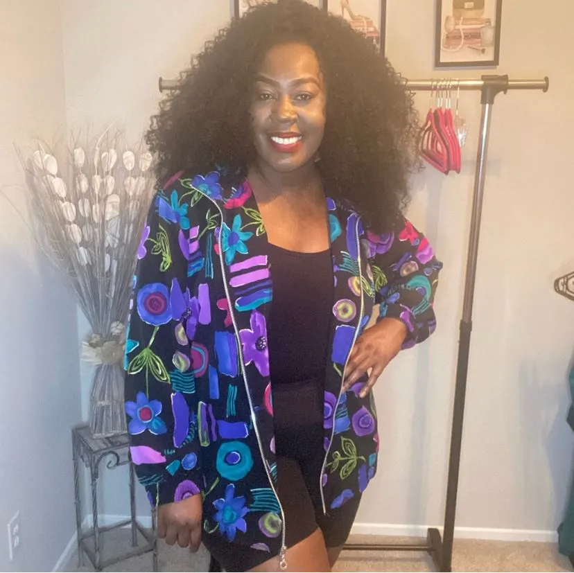 Product image for super fun vintage 90s teddi black + multicolored abstract forms light jacket 1x