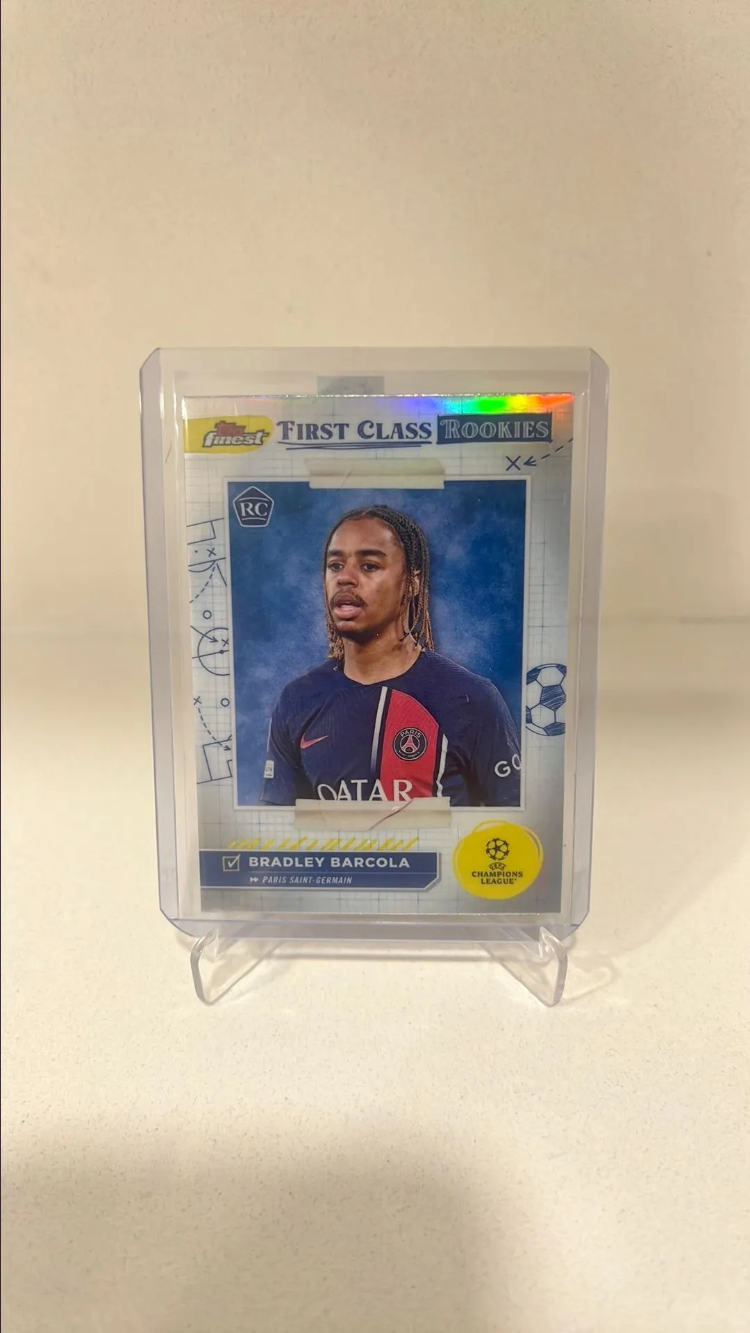 Product image for Bradley Barcola PSG 2023-24 Topps Finest UEFA First Class Rookies RC Refractor FR-9