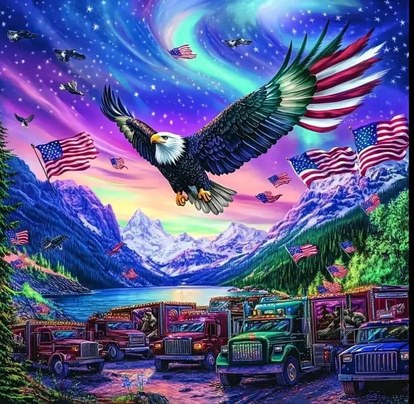 Product image for #312 Soaring Eagle over Semi Trucks Diamond Painting Art Kit