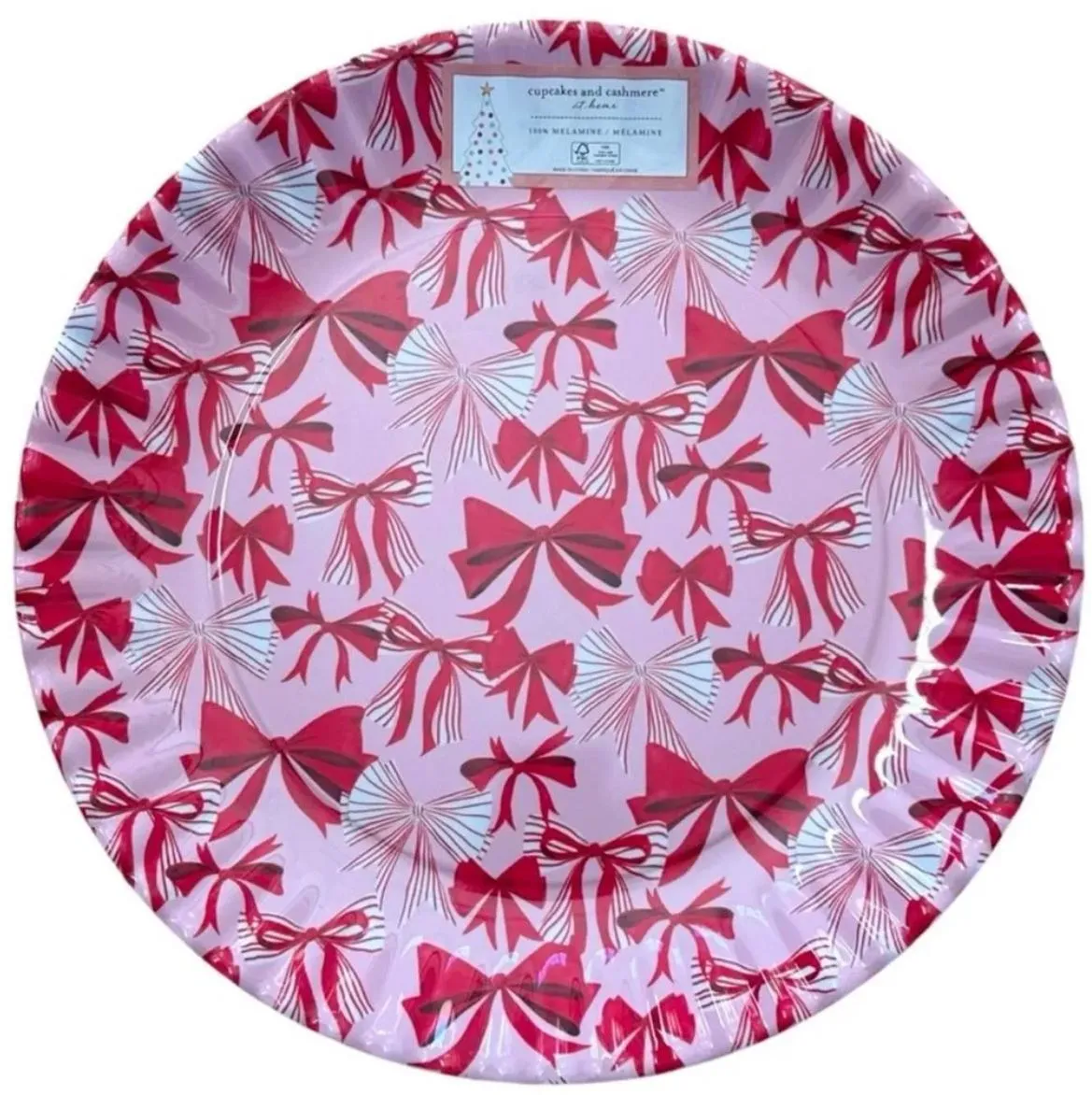 Product image for CUPCAKES AND CASHMERE Coquette Christmas Red & Pink Bow Melamine Tray Platter