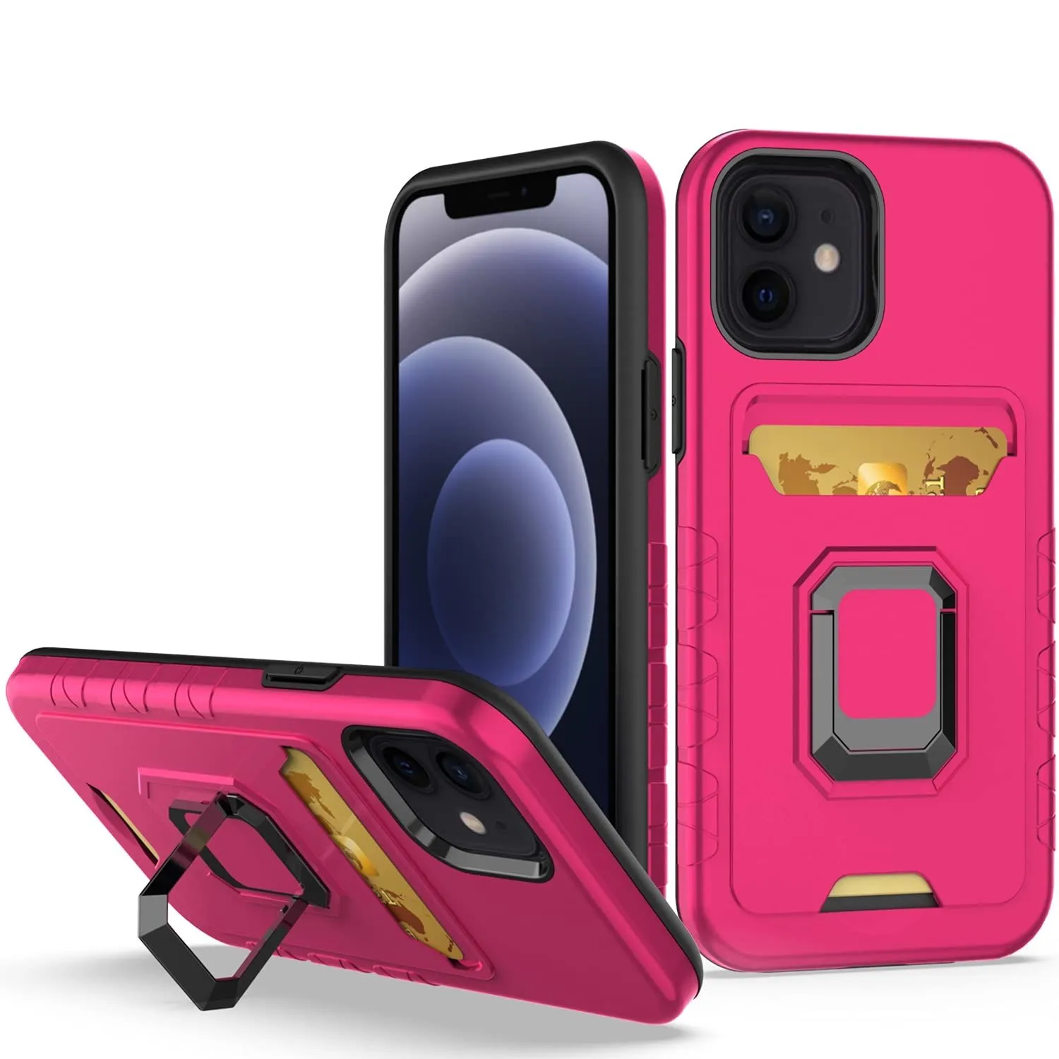Product image for Apple iPhone 14 PRO 6.1" Card Holder with Magnetic Ring Stand Hybrid Case Cover - Hot Pink