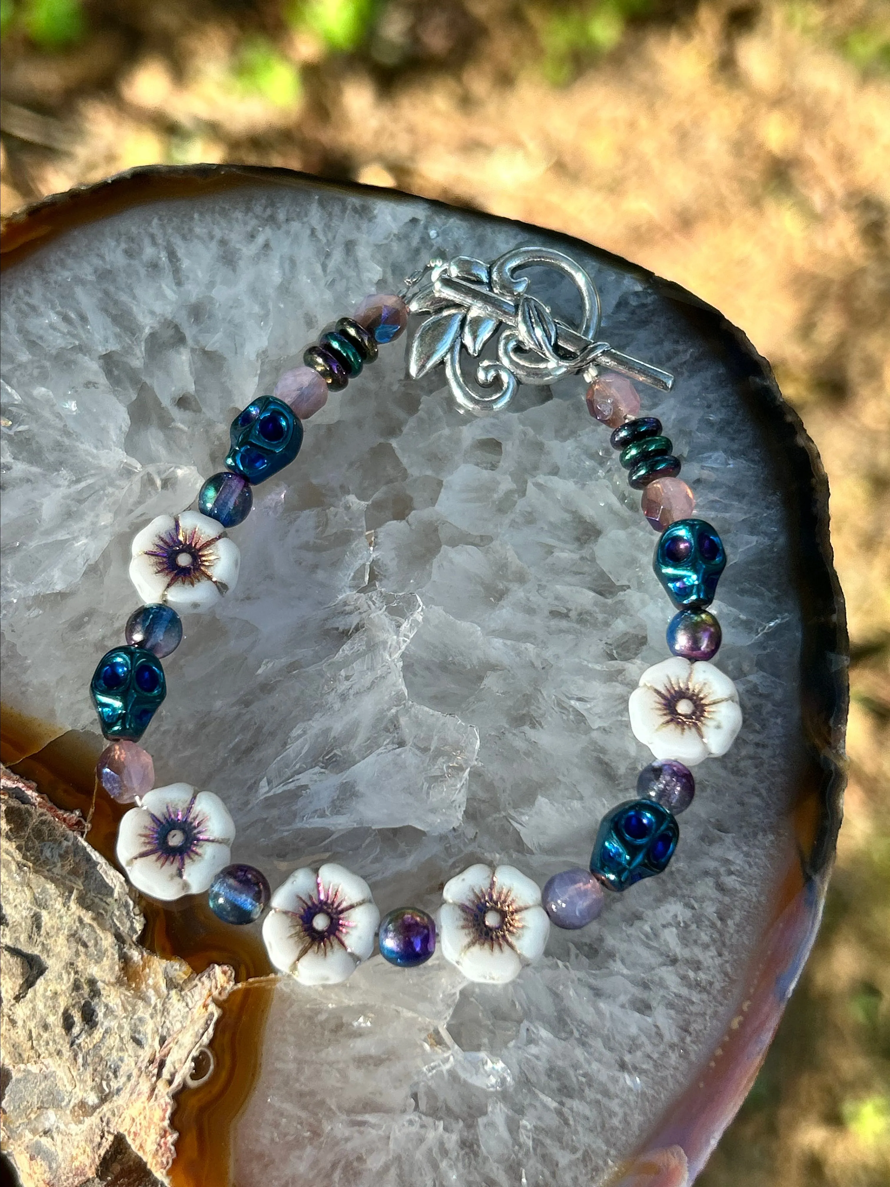 Product image for Cobalt Skull & Czech White Hibiscus Bracelet