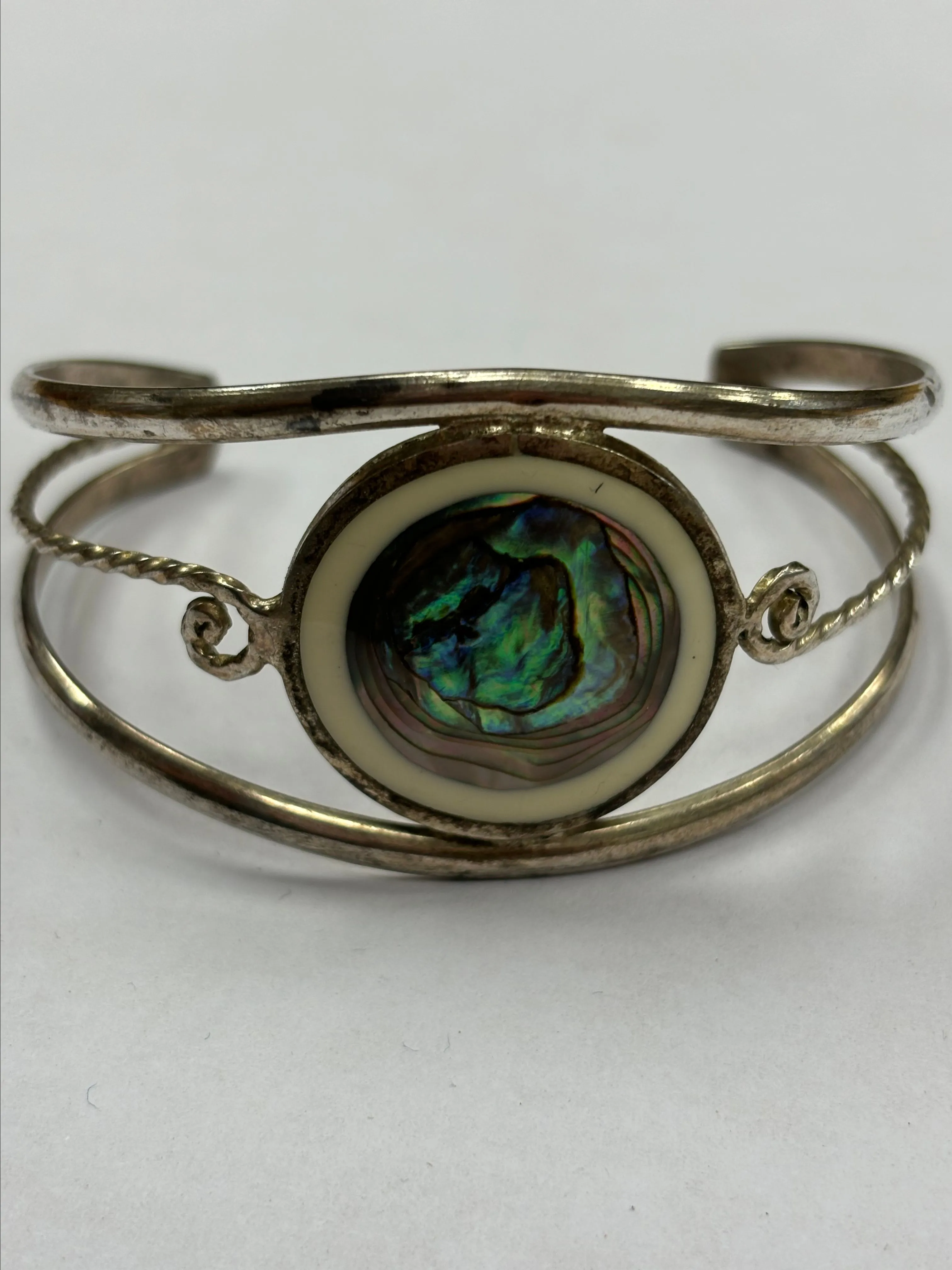 Product image for 86. Vintage Alpaca Mexico Sterling Abalone Cuff Bracelet