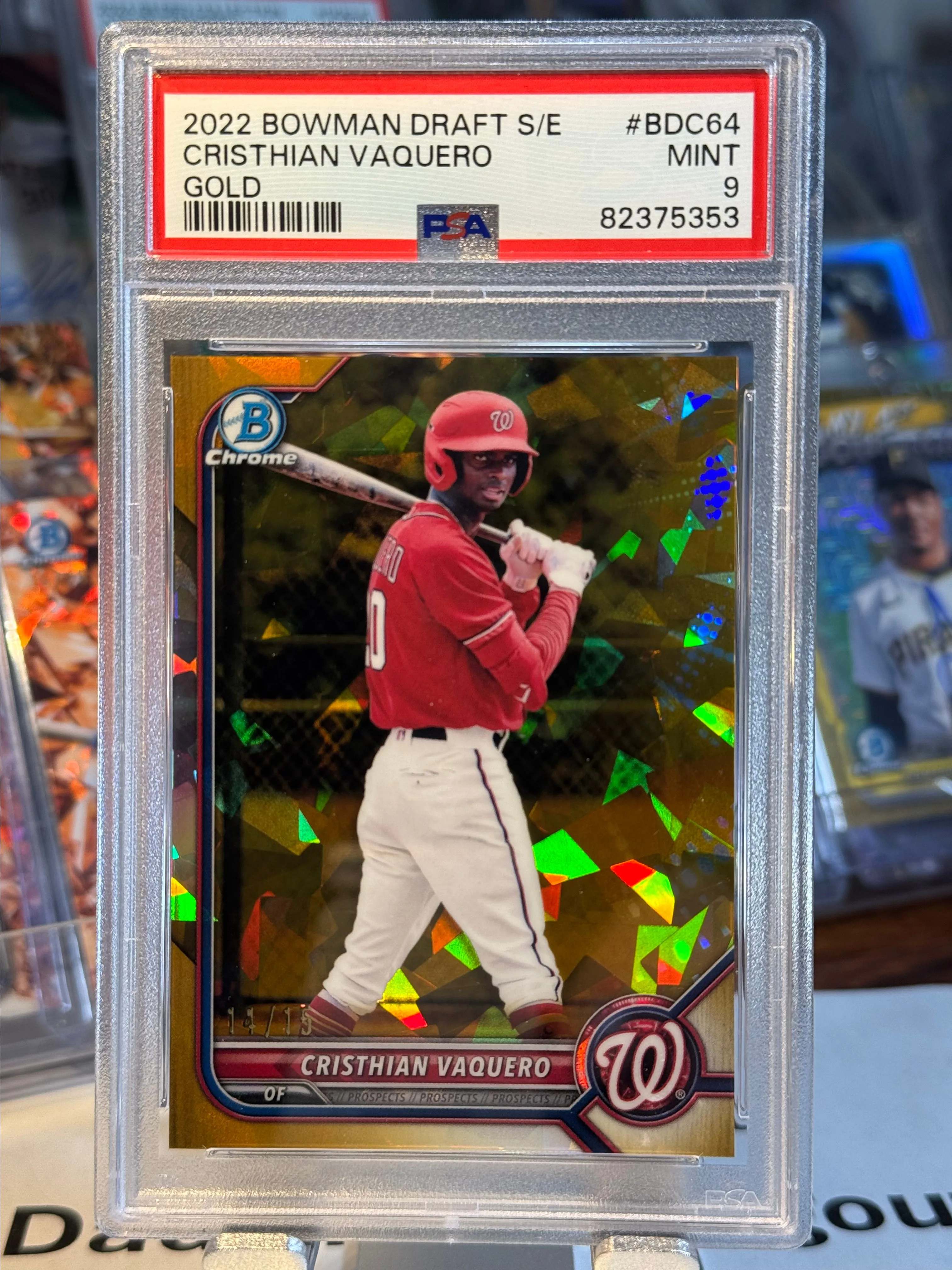Product image for 2022 Bowman Draft Chrome Sapphire Edition Cristhian Vaquero 14/15 BDC64 Gold PSA MINT 9