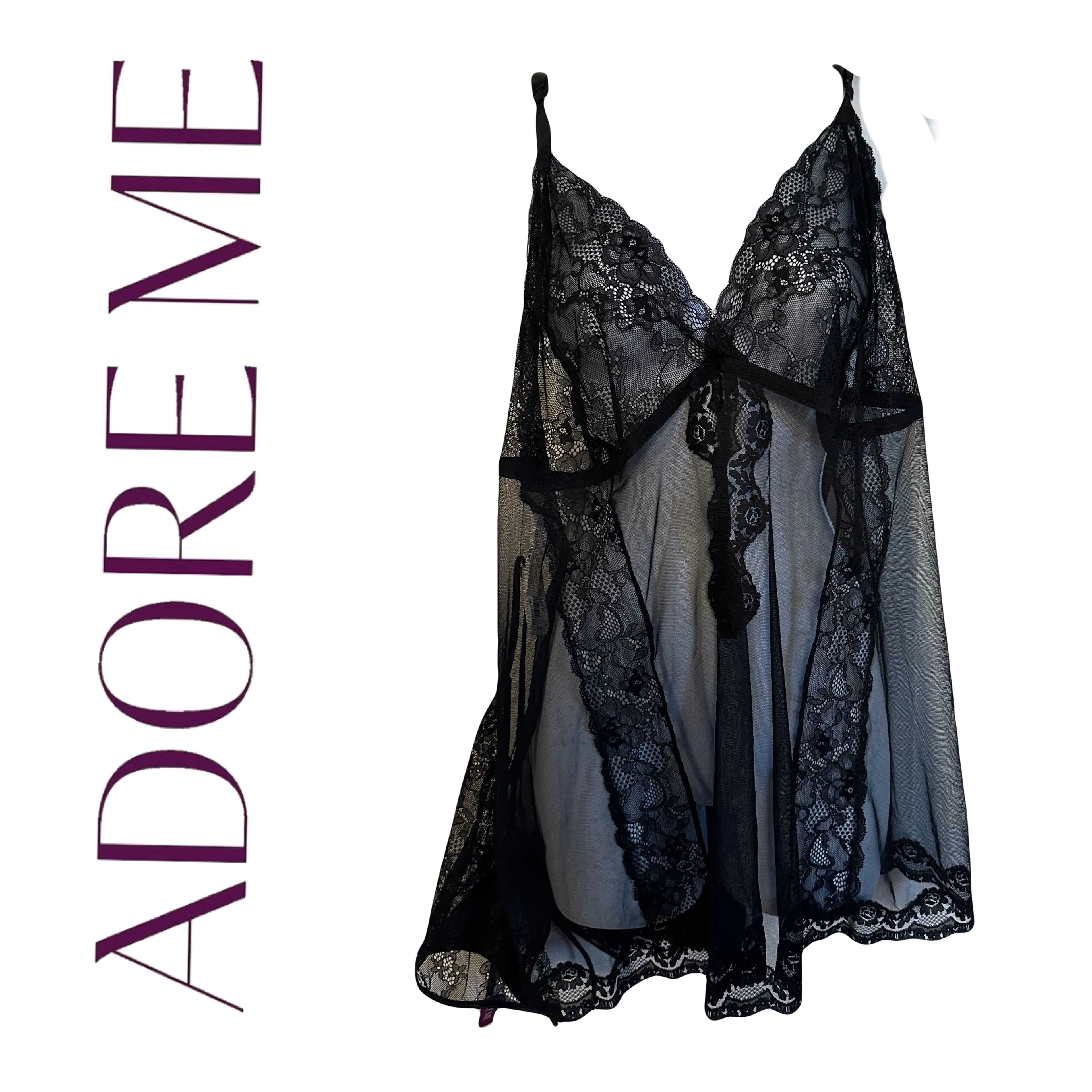 Product image for NWT  Adore Me Women Alicia Jet Black Babydoll Set with thong Sz L dress sheer