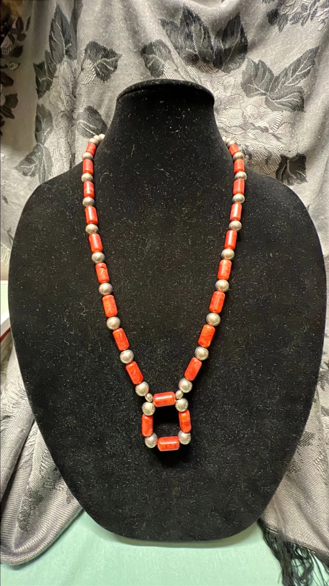 Product image for #004 Vintage 925 Sterling Silver & Red Stone Beaded Necklace – 16” Long, 90g Statement Piece