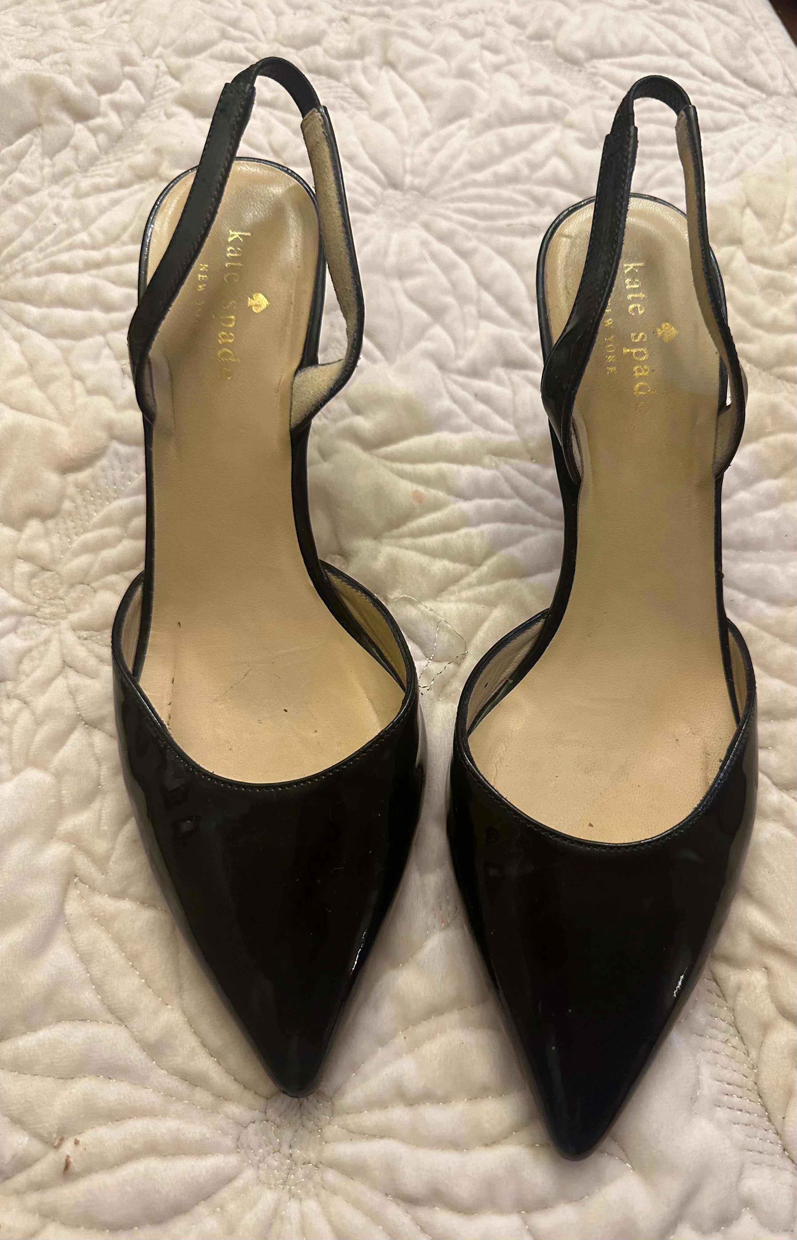 Product image for Kate Spade Black Patent Leather slingback 3" heel.