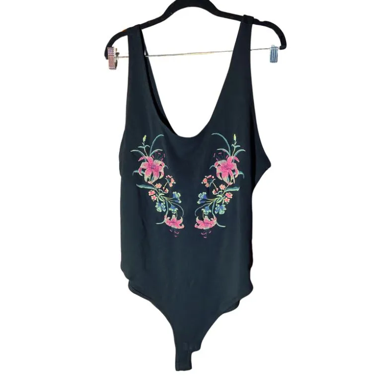 Product image for Forever 21 Plus Size Bodysuit Tank Top Blouse Black Pink Embroidered Floral Boho