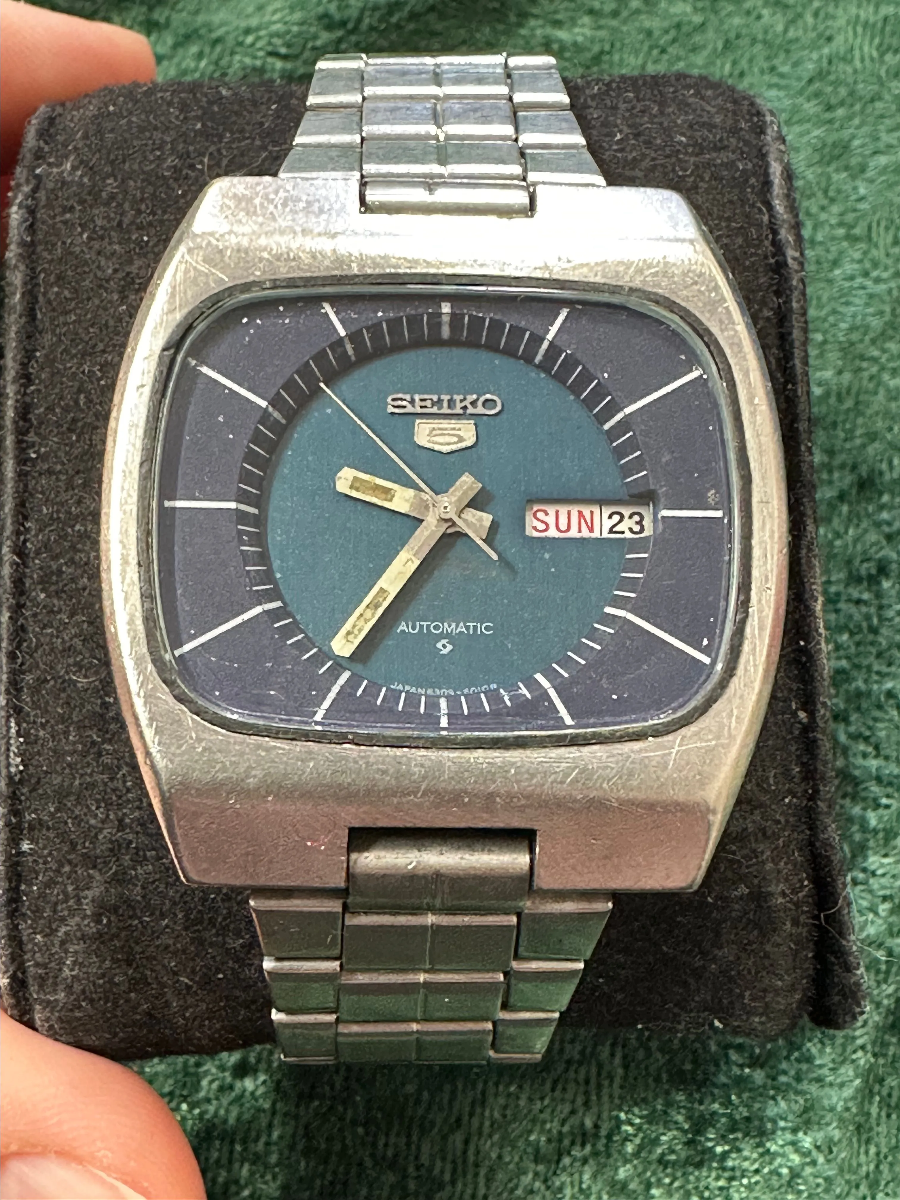 Product image for Men’s Seiko Japan 1982 automatic blue TV dial day-date on 3 o’clock silver tone watch